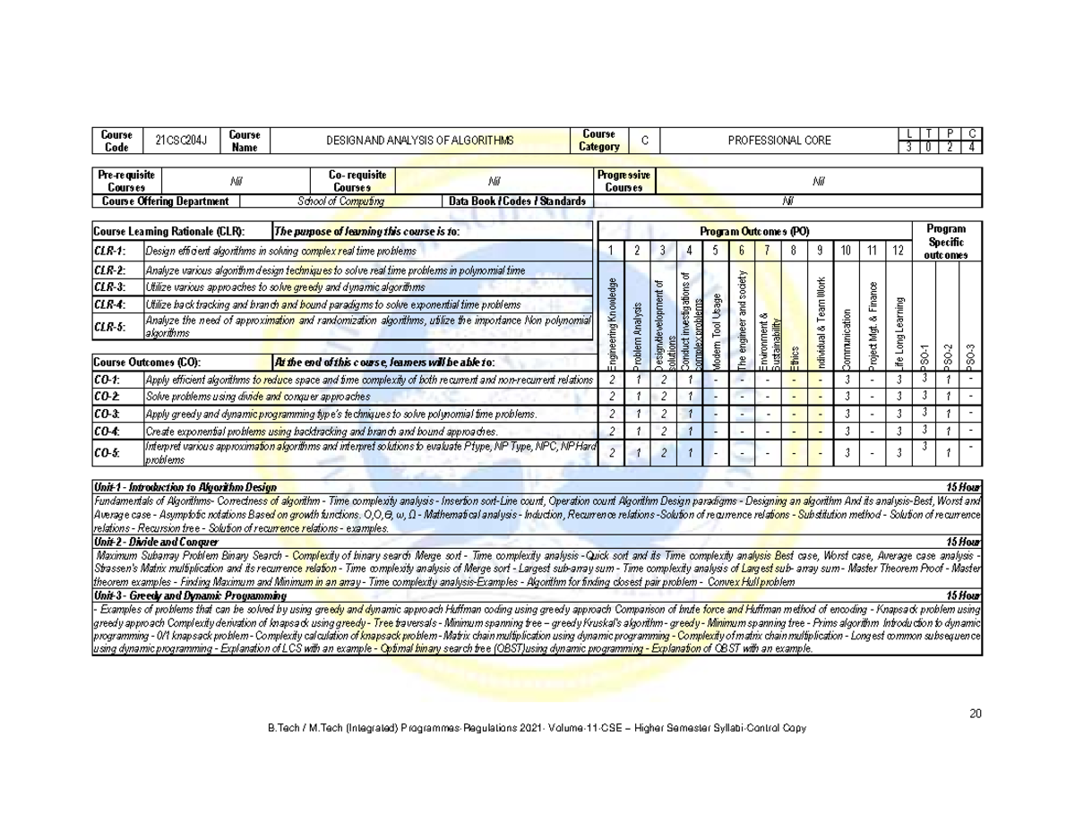 DAA - 20 Course CourseCourse21CSC204J DESIGN AND ANALYSIS OF ALGORITHMS ...