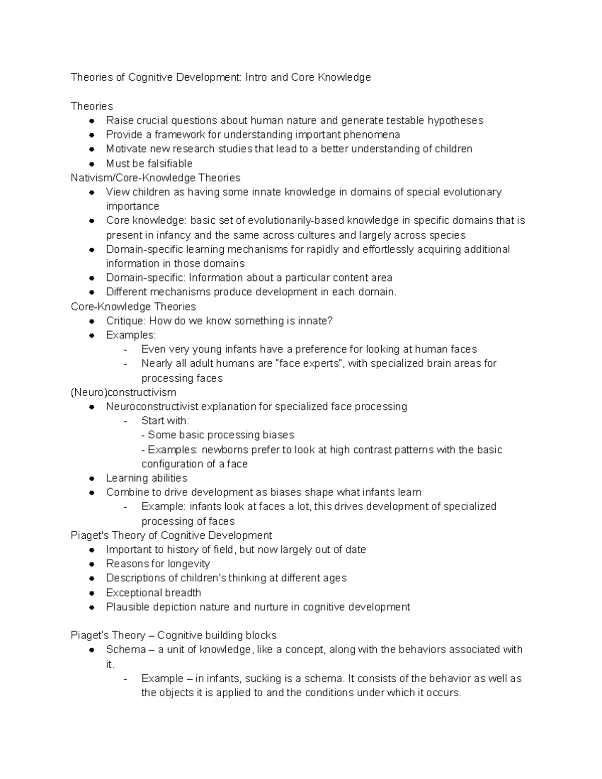 Unit 5 notes Theories of Cognitive Development Intro and Core