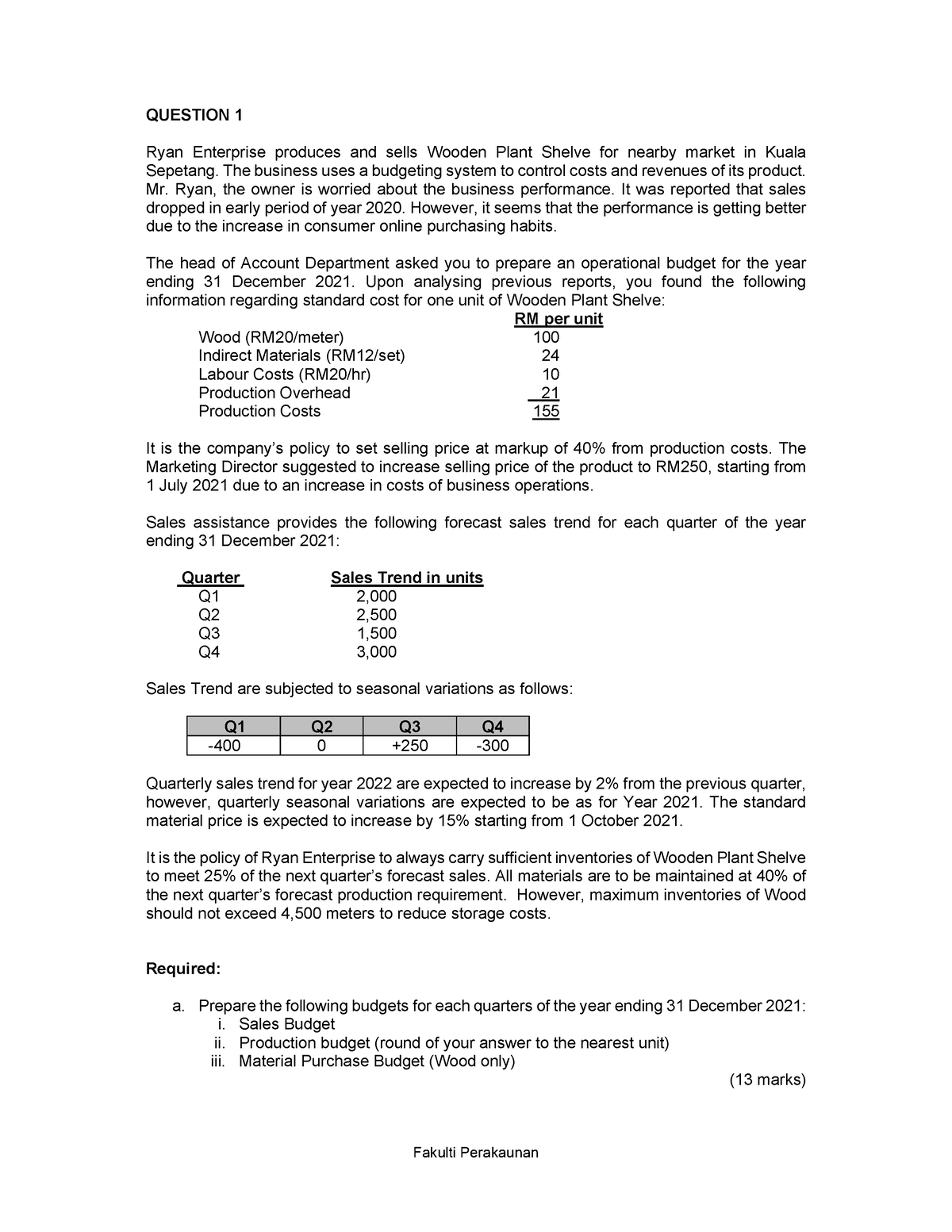 Revision Test (Past Test Dec 20) QUESTION 1 Ryan Enterprise produces