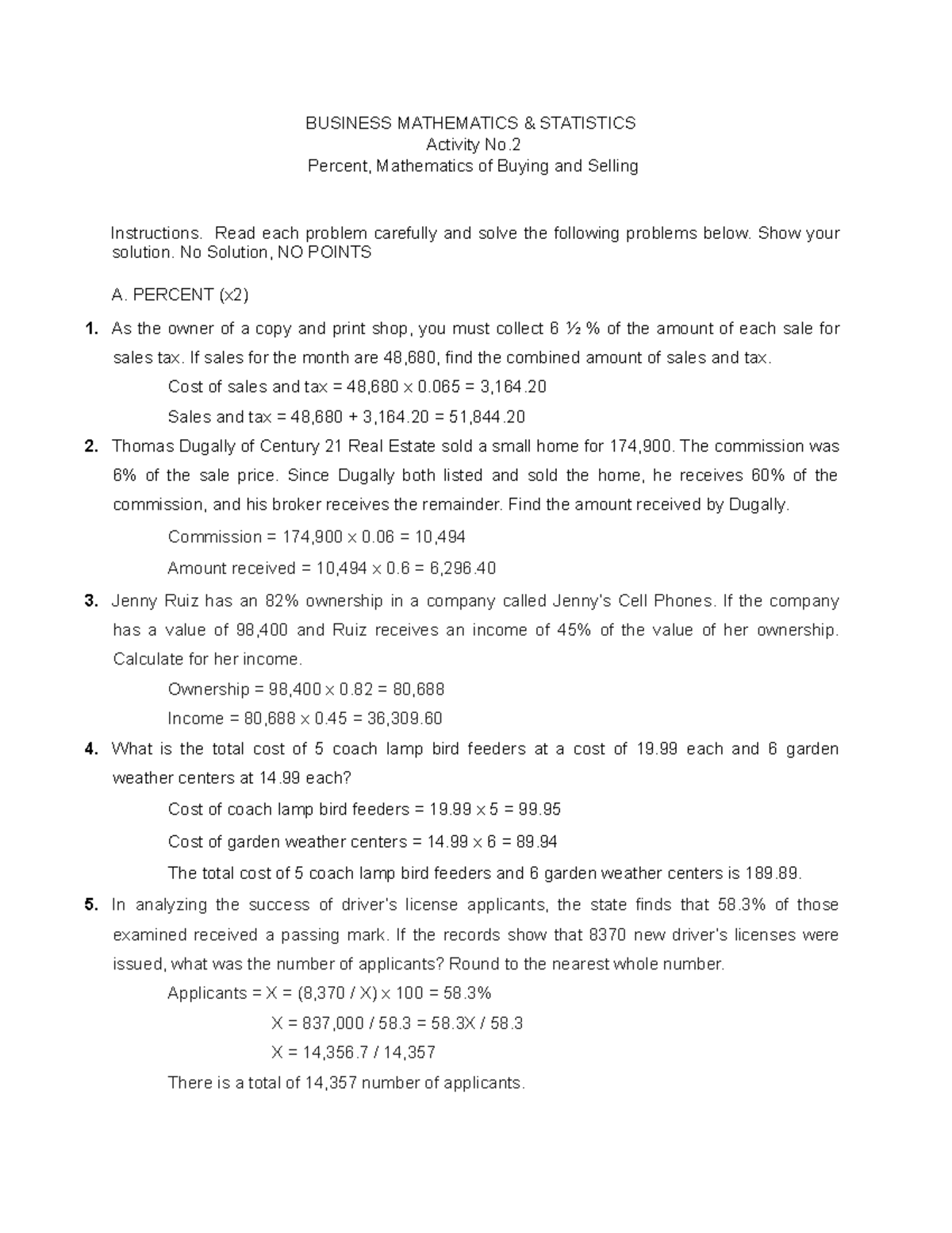 Activity 2 assignment BUSINESS MATHEMATICS & STATISTICS Activity No
