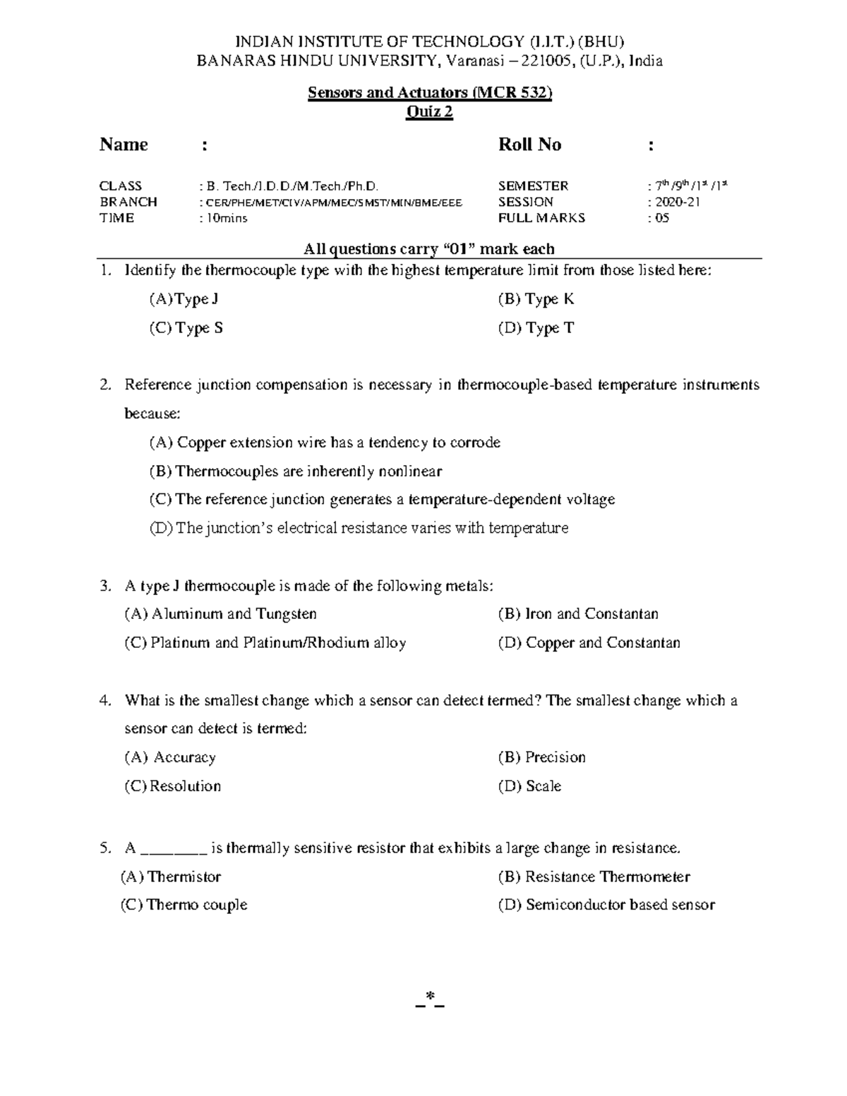 sensor quiz very importent must try INDIAN INSTITUTE OF TECHNOLOGY (I