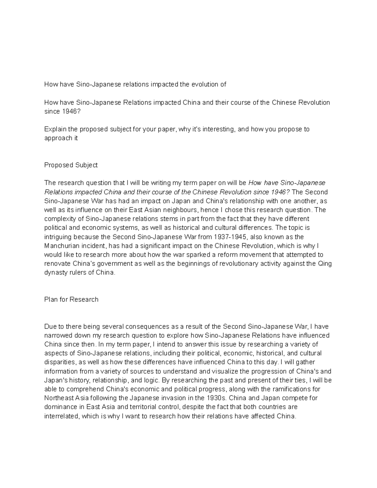 EURR4202 - Proposal - How have Sino-Japanese relations impacted the ...