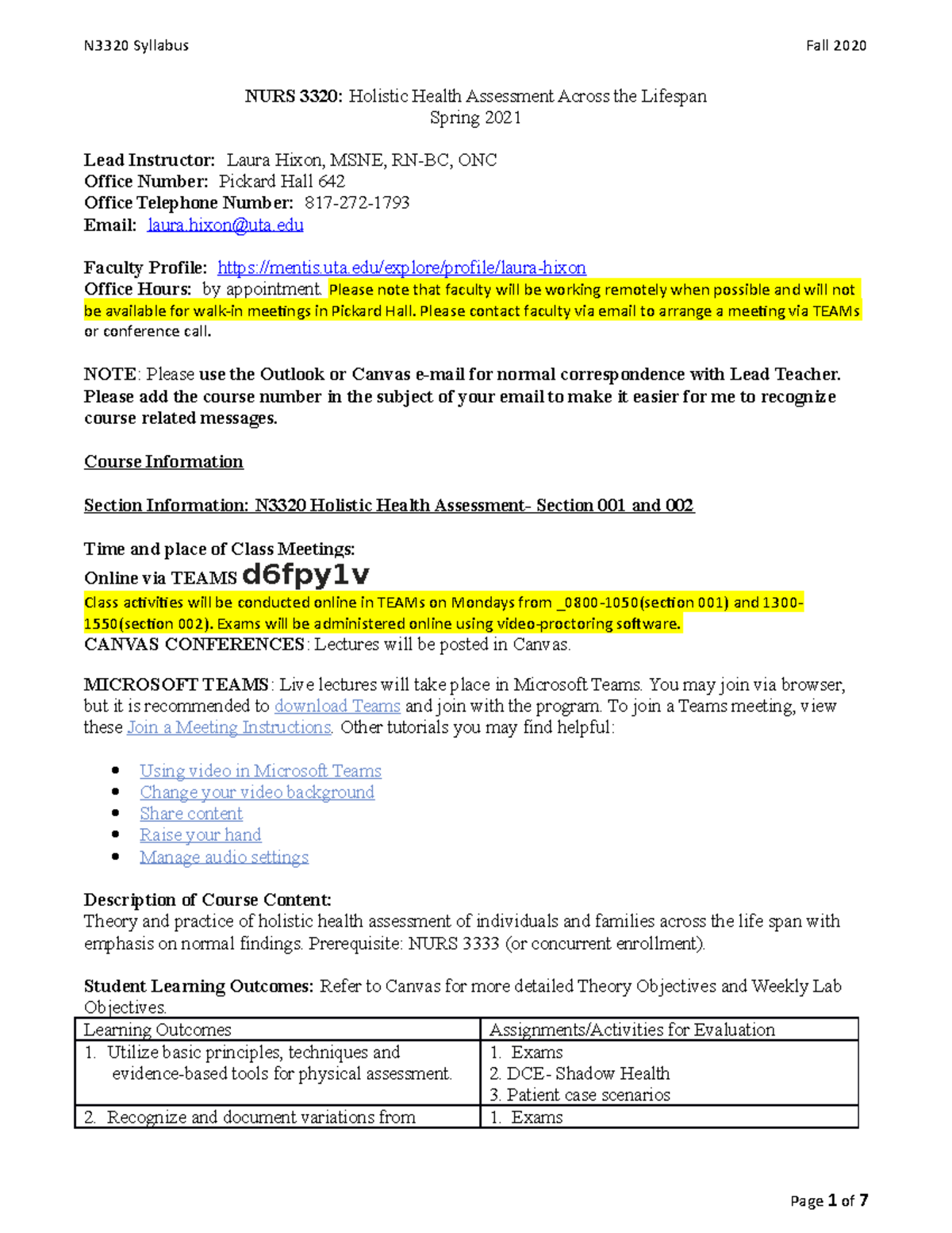 Uta Spring 2022 Final Exam Schedule Assessment Syllabus - Nurs 3320: Holistic Health Assessment Across The  Lifespan Spring 2021 Lead - Studocu