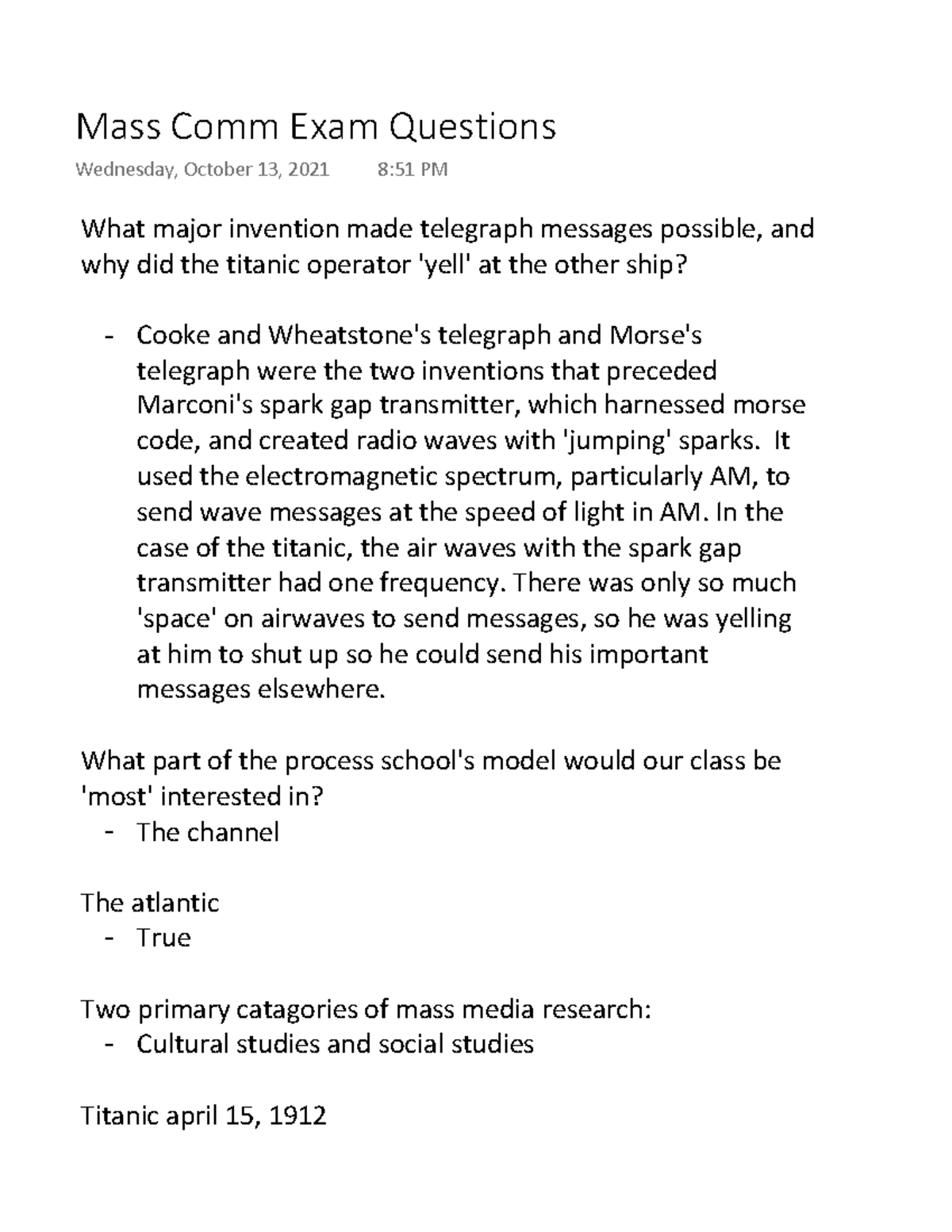 Mass Comm Exam Questions - What major invention made telegraph messages ...