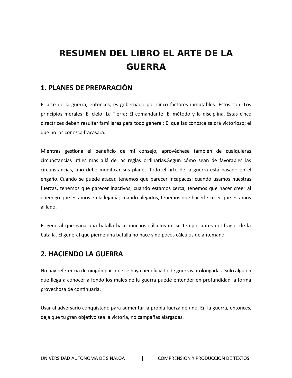 Resumen DEL Libro EL ARTE DE LA Guerra RESUMEN DEL LIBRO EL ARTE DE