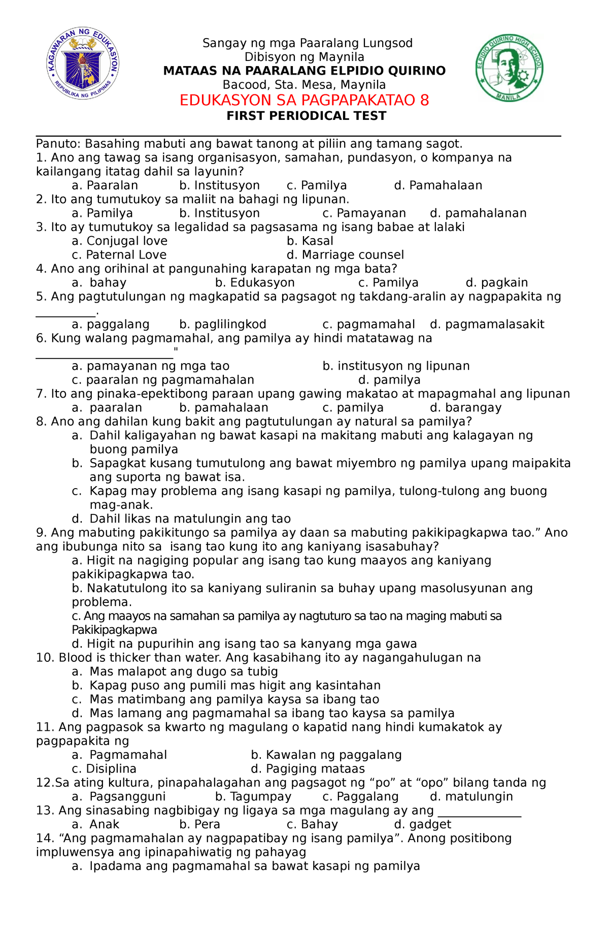 Q1 Summative Test Edukasyon Sa Pagpapakatao 8 Sangay Ng Mga Paaralang