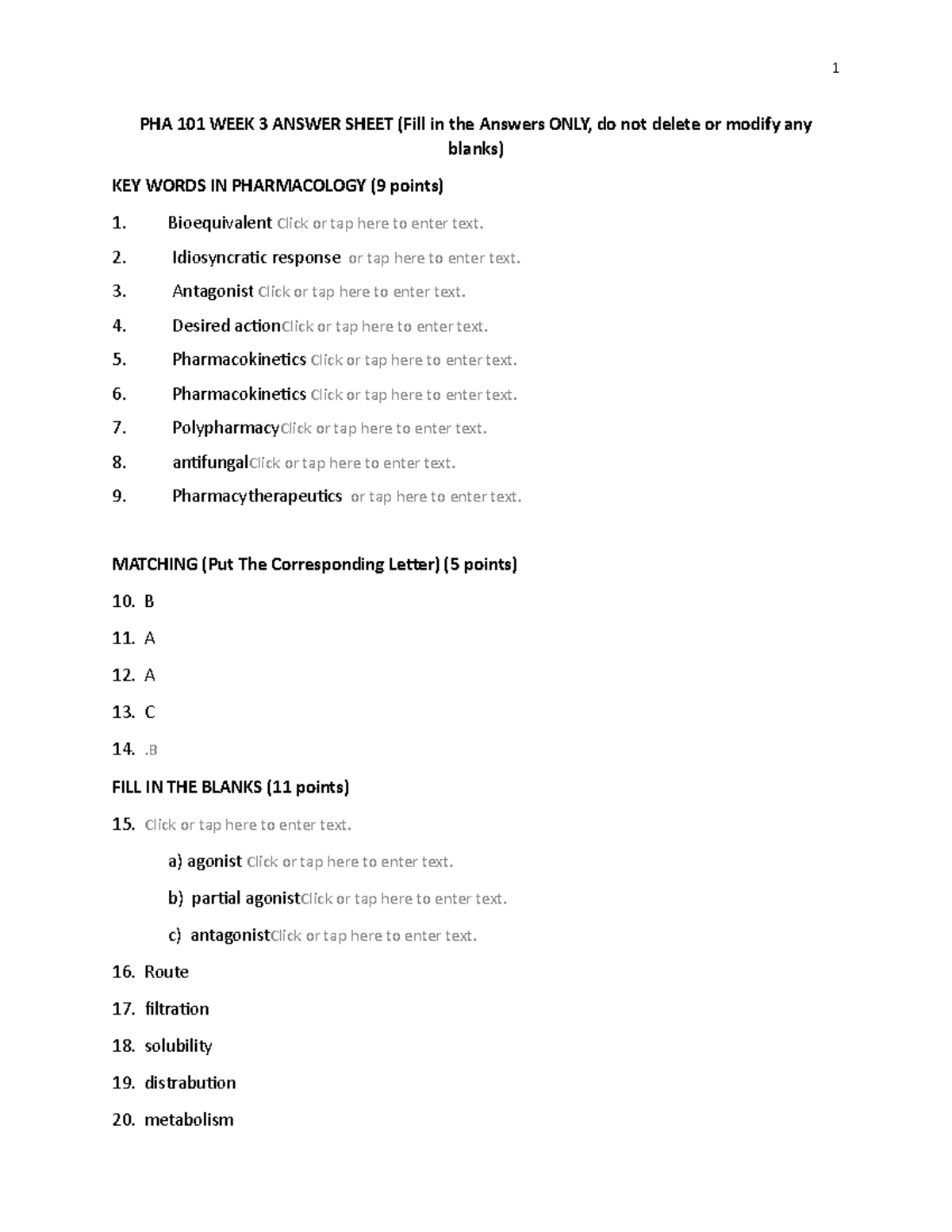 PHA 101 WEEK 3 Answer Sheet (1) - 1 PHA 101 WEEK 3 ANSWER SHEET (Fill ...