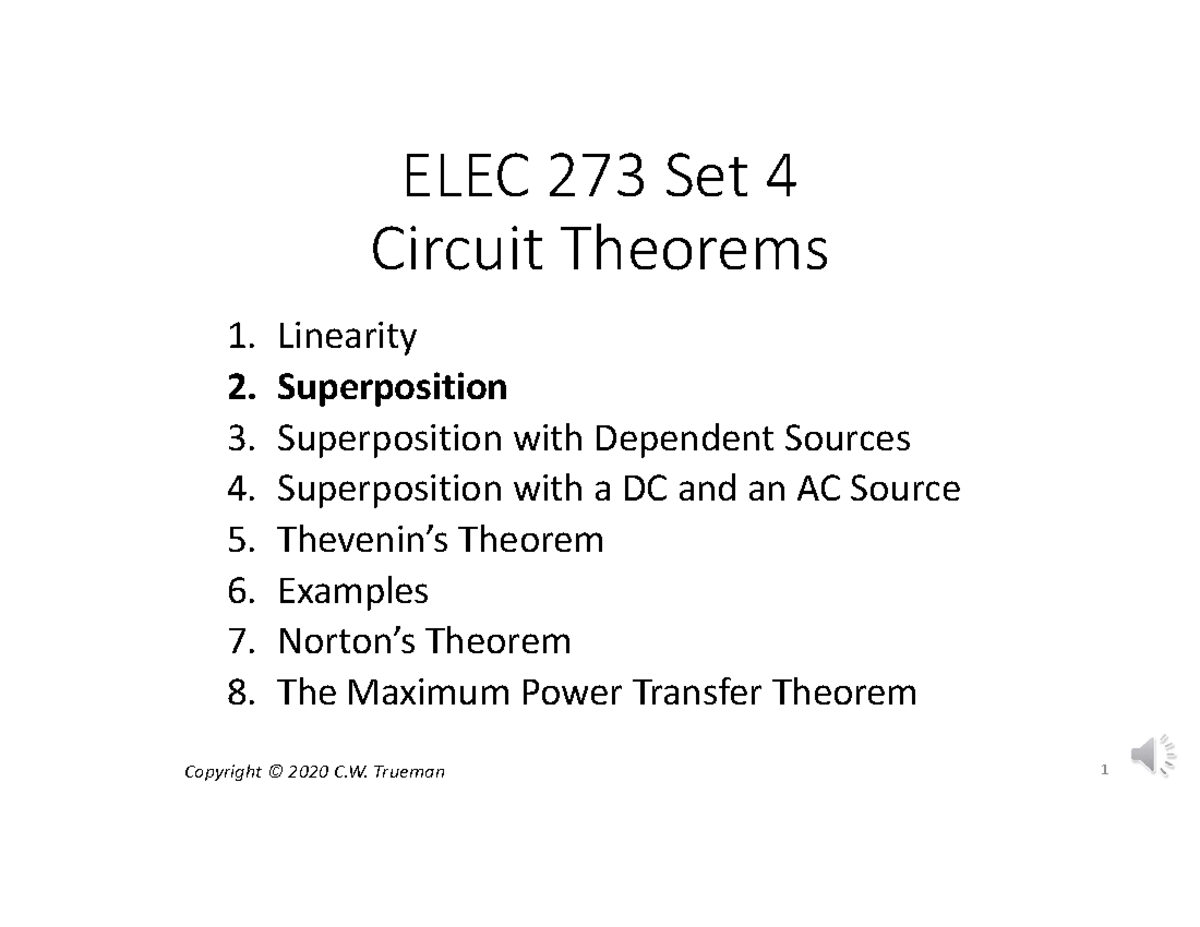 4 2 Superposition - notes - ELEC 273 Set 4 Circuit Theorems 1 ...