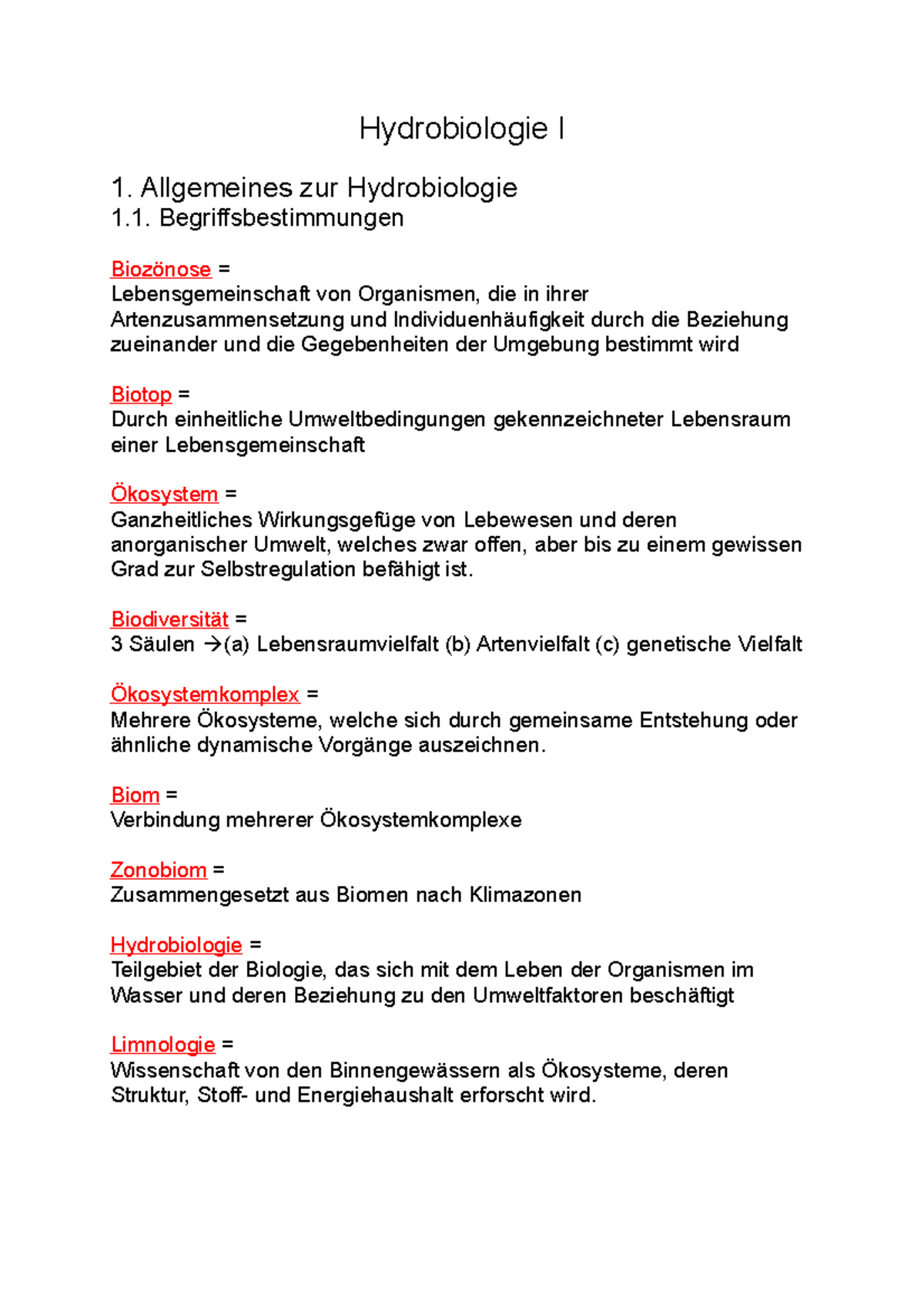 Hydrobiologie wortverzeichnis Hydrobiologie I 1. Allgemeines zur
