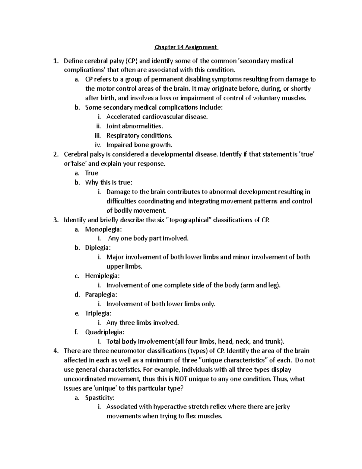 Assignment 12 Chapter 14 - Chapter 14 Assignment De昀椀ne cerebral palsy ...