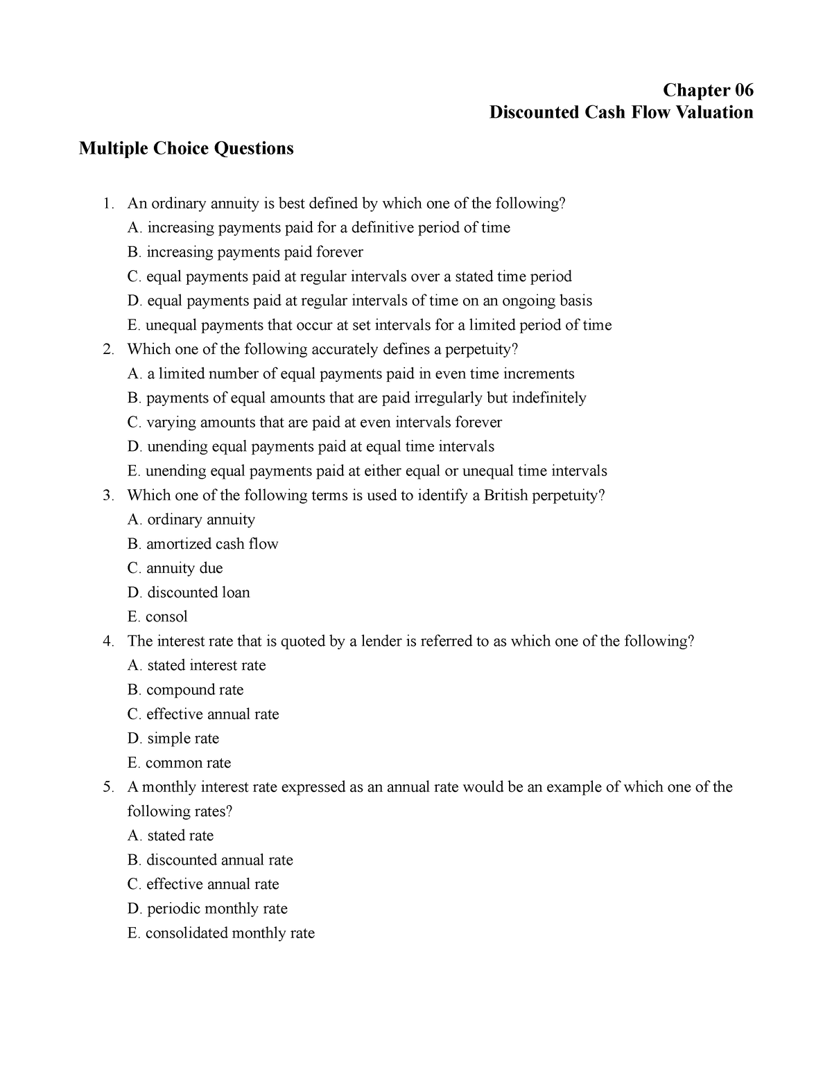 Chapter 6 Multiple Choice Questions - Chapter 06 Discounted Cash Flow ...