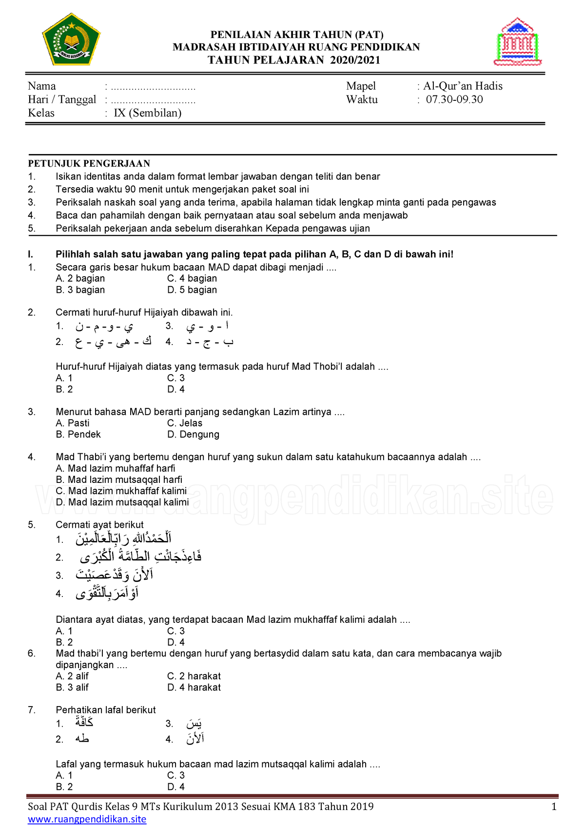 Soal PAT-UAM II Quran Hadis Kelas IX - Www - Soal PAT Qurdis Kelas 9 ...