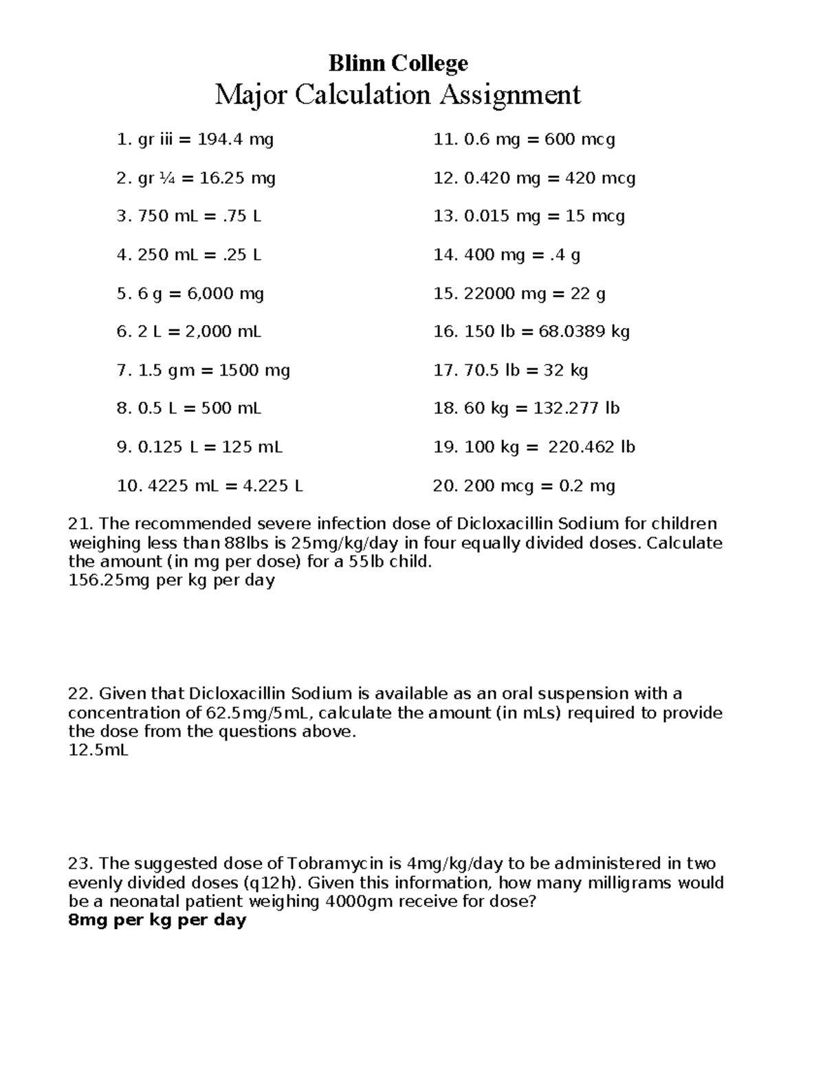 Math - Blinn College Major Calculation Assignment 1. gr iii = 194 mg 11 ...