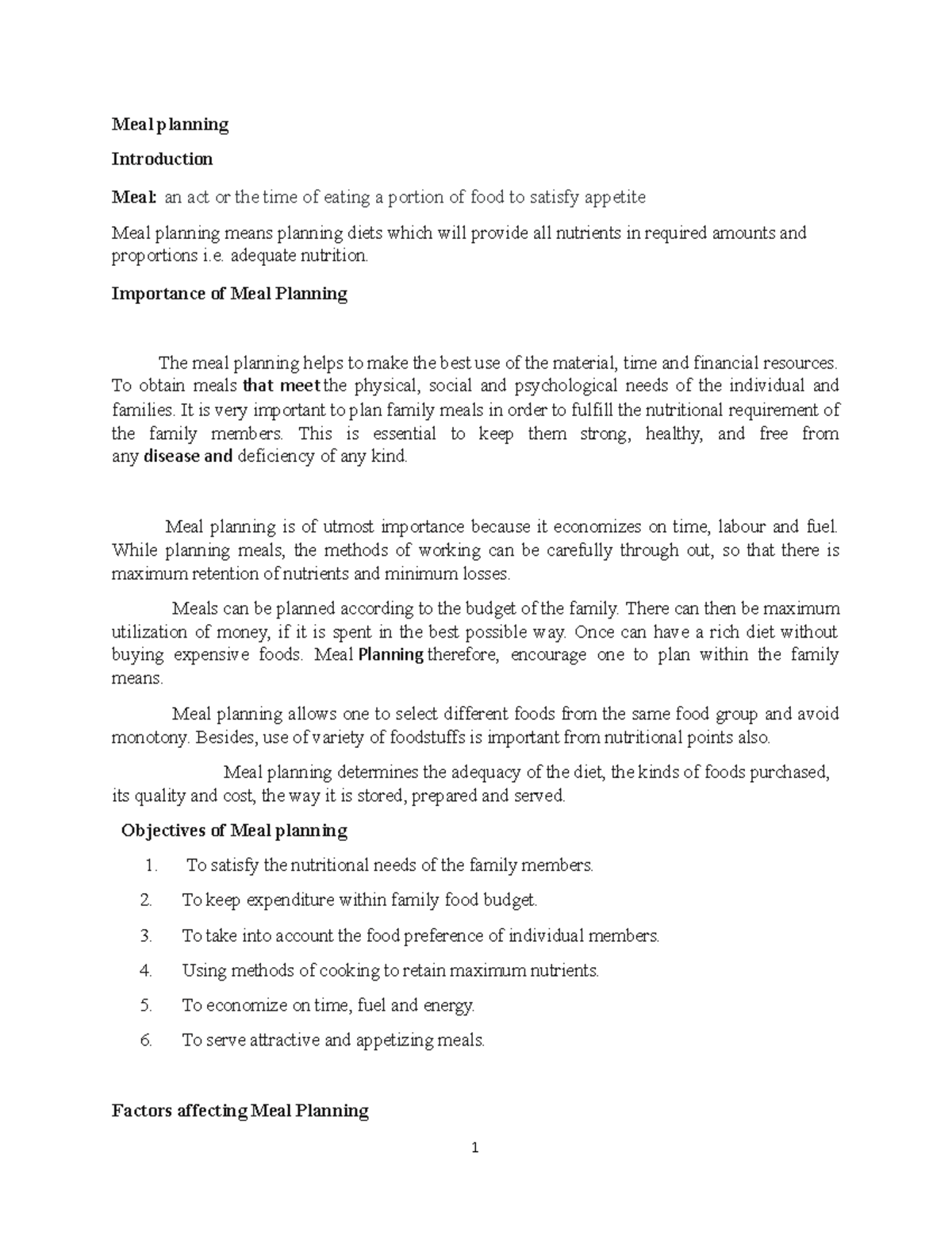 MEAL Planning Notes Complite - Meal planning Introduction Meal: an act ...