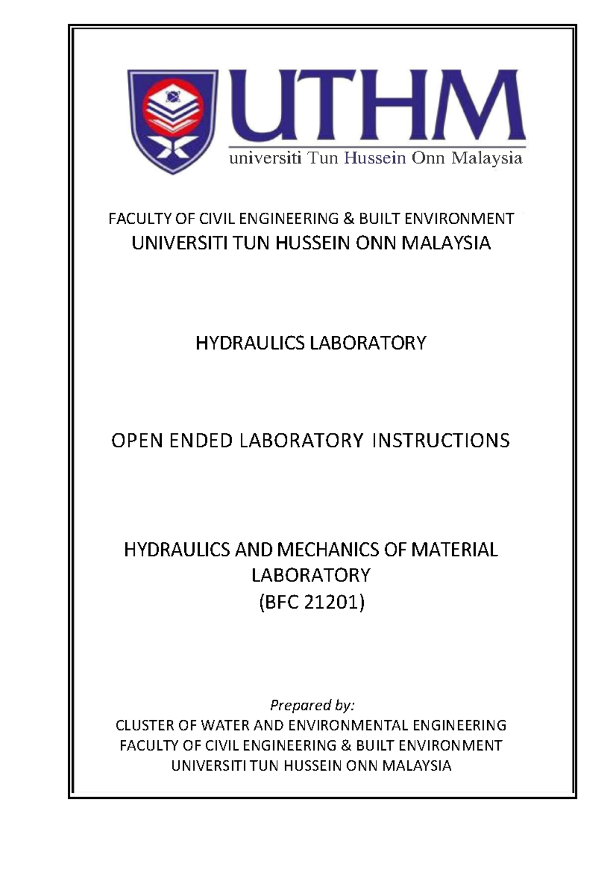 Open Ended Hydraulics Laboratory 2 universiti Tun Hussein Onn
