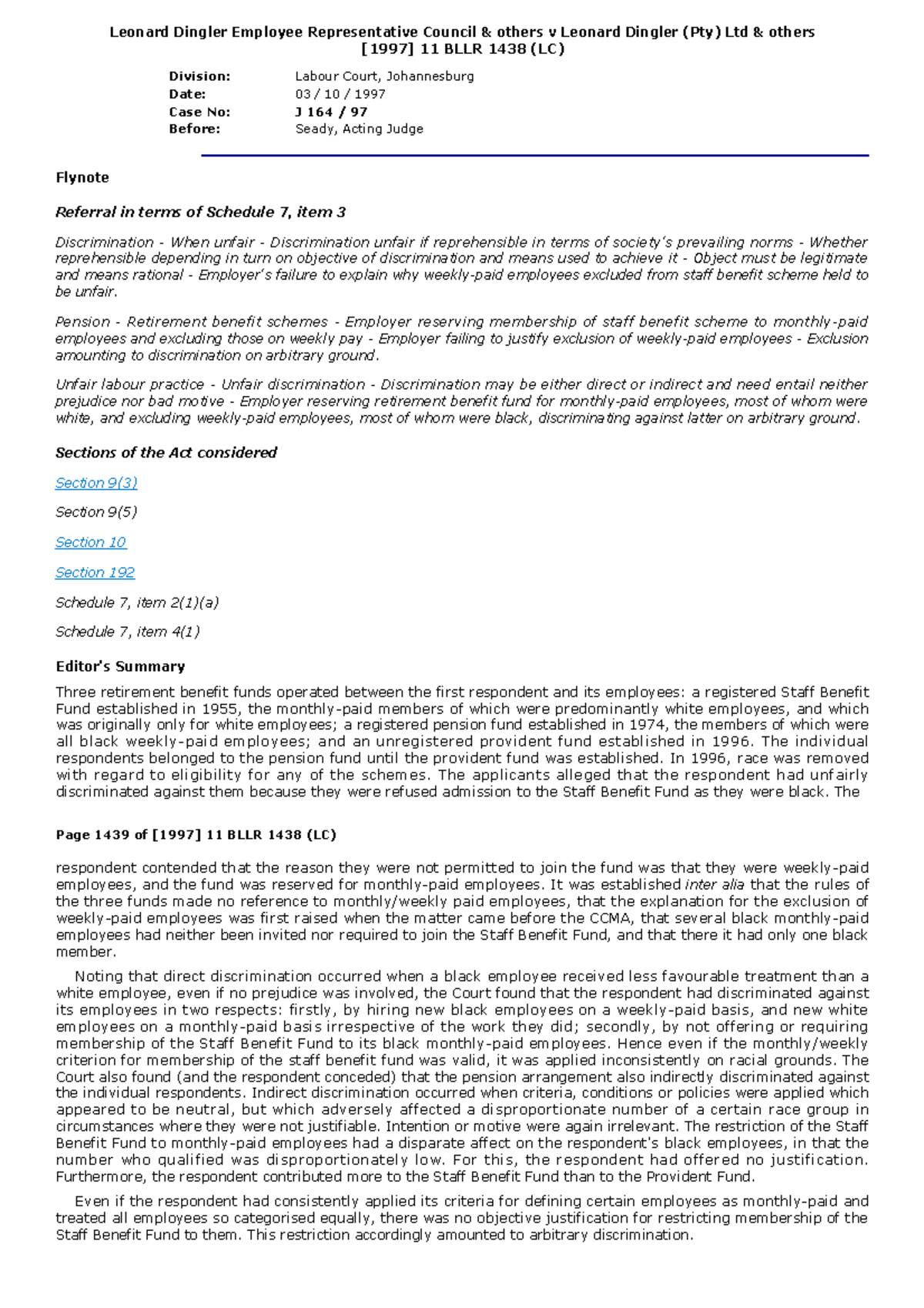 Leonard Dingler Employee Representative Council v Leonard Dingler 1997 ...