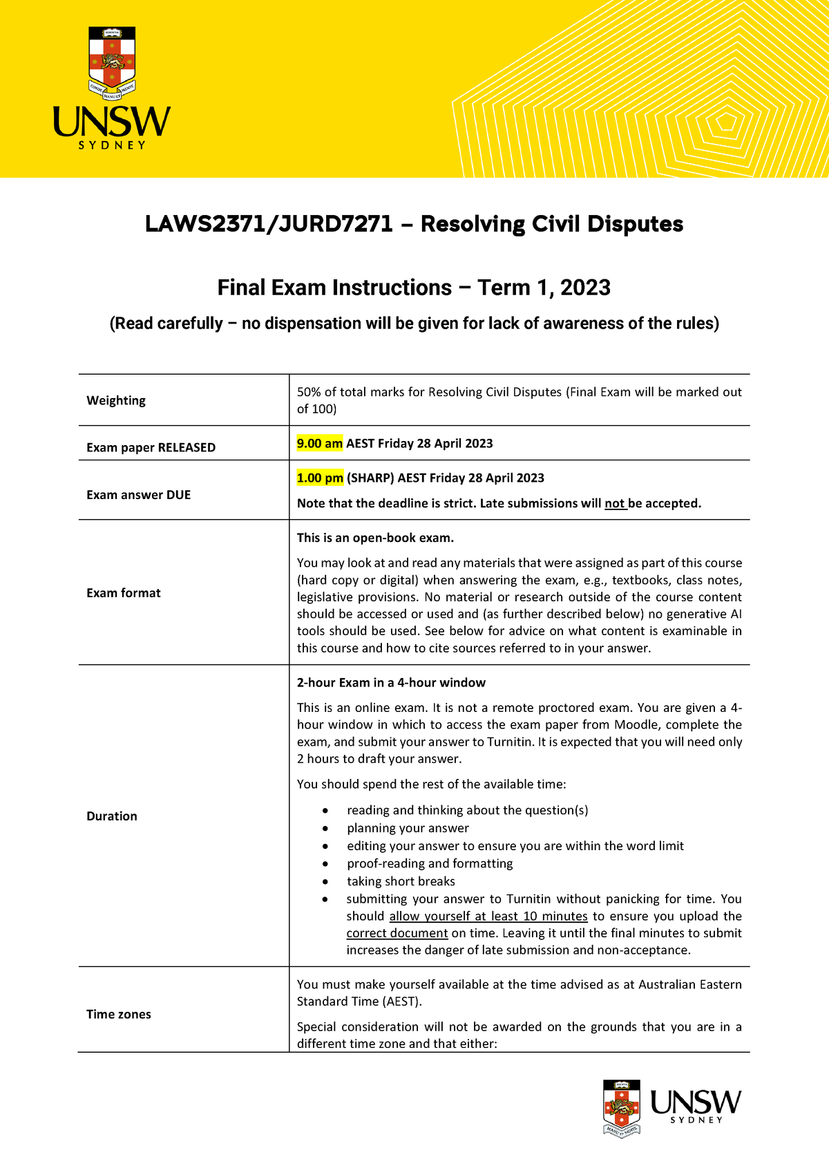 2023 T1 Resolving Civil Disputes Final Exam Instructions Updated Laws