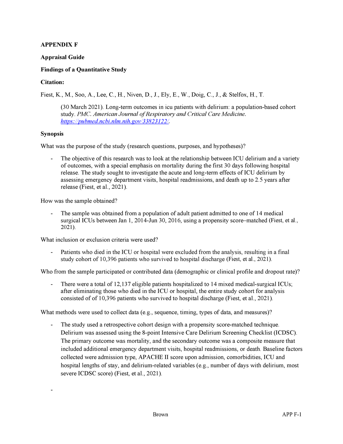 Quantitative Review Appraisal -350 - Brown APP F- 1 APPENDIX F ...