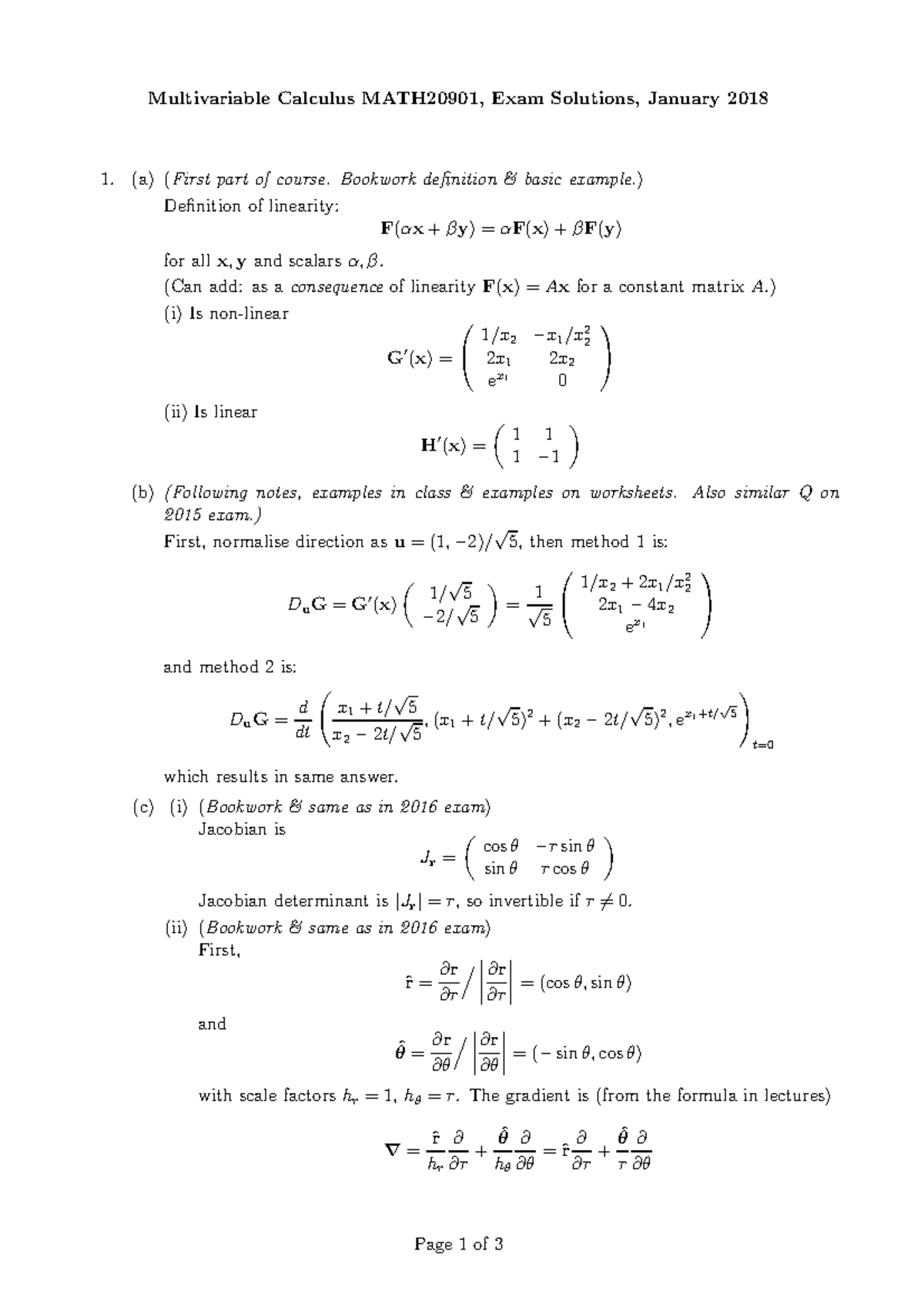 Multivariable Calculus And Complex Functions Exam Solutions 2018 ...