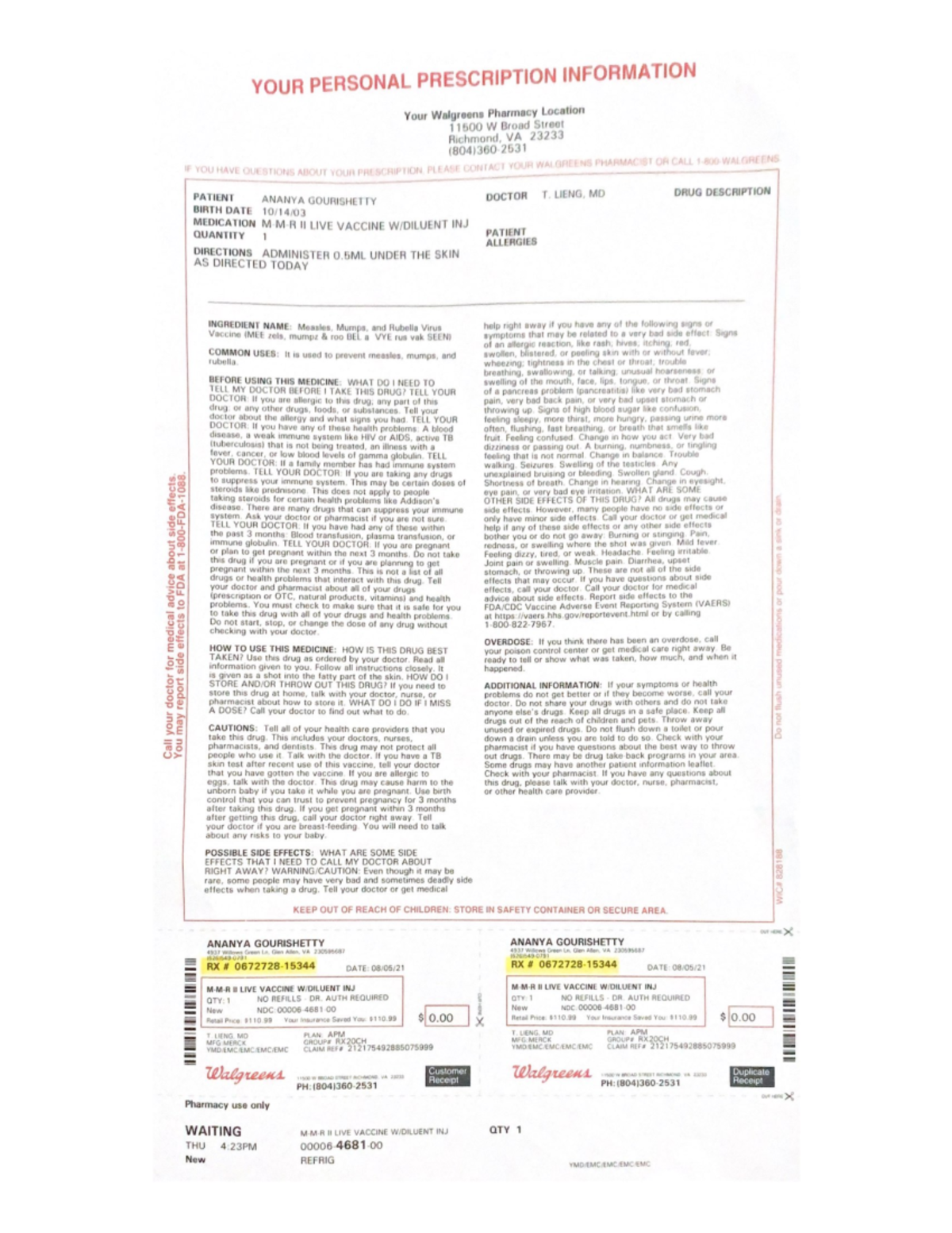 MMR Vaccine Proof - Submit a written report for the Experiment 