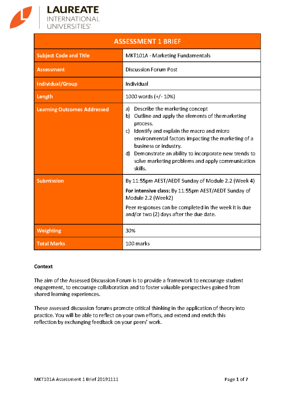 MKT101A Assessment 1 2019 1106 - MKT101A Assessment 1 Brief 20191111 ...