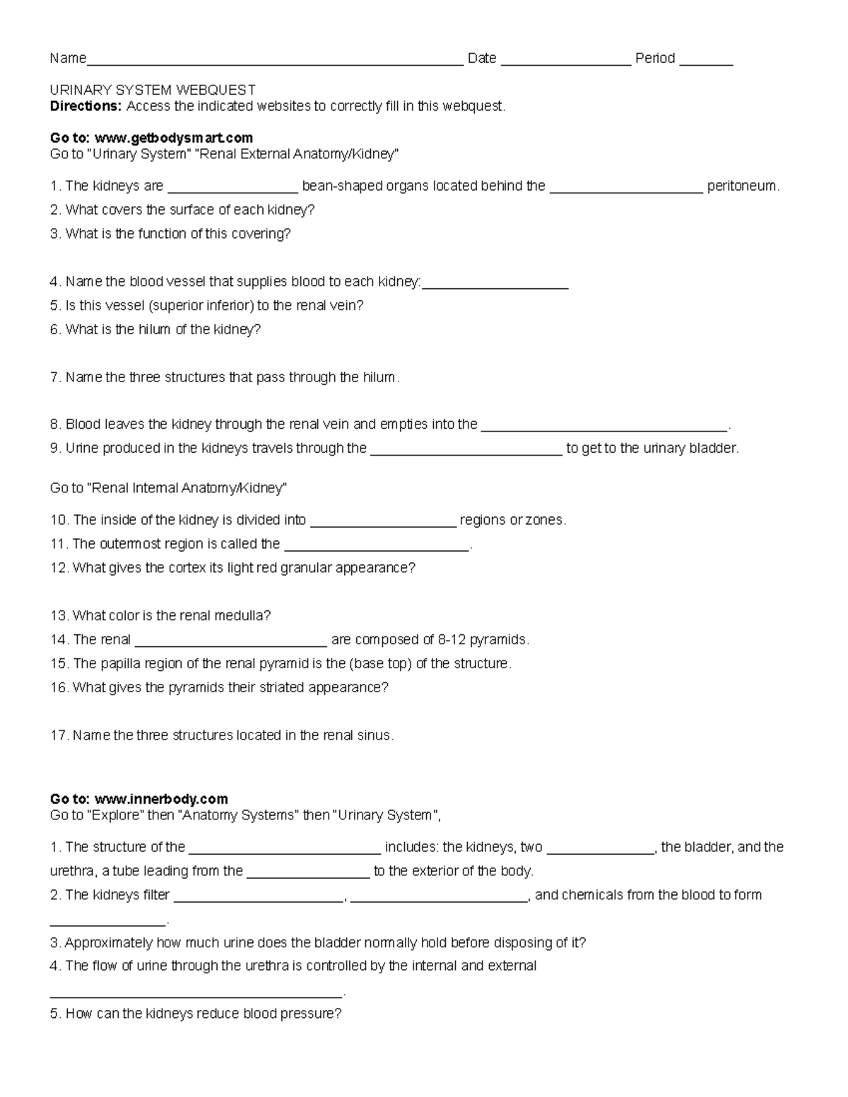 Urinary System Webquest - Name 