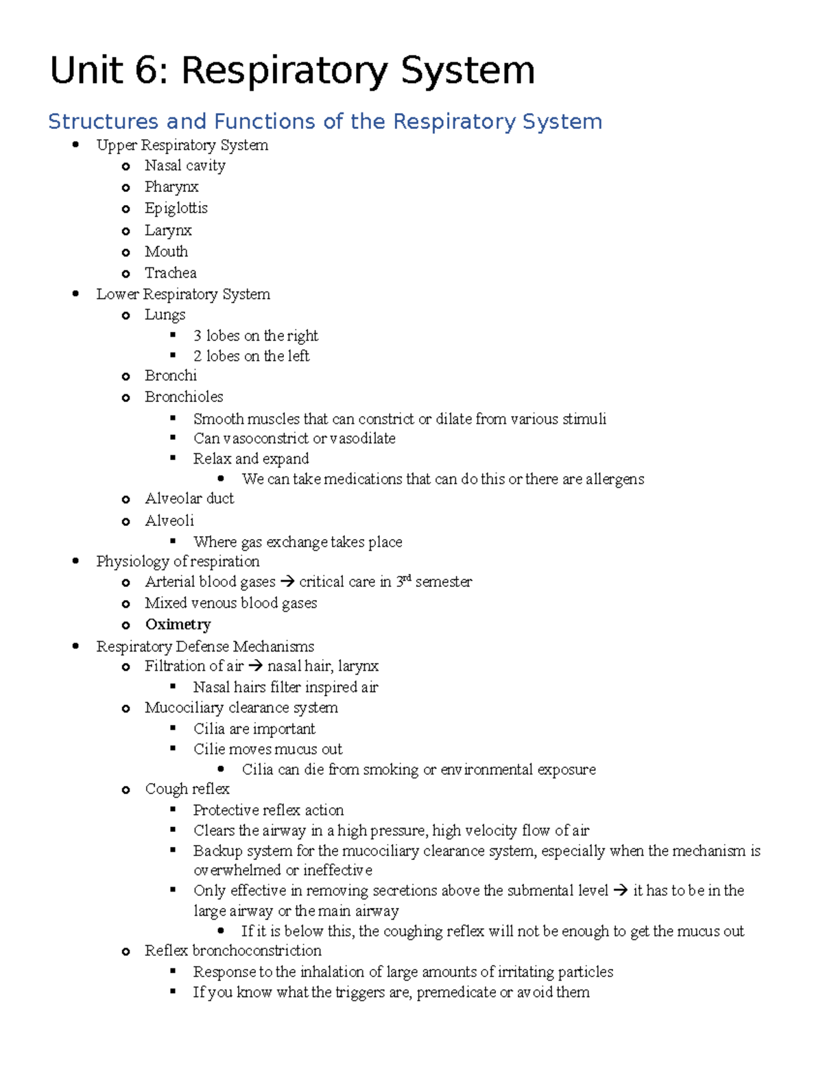 Respiratory Notes - Unit 6: Respiratory System Structures and Functions ...