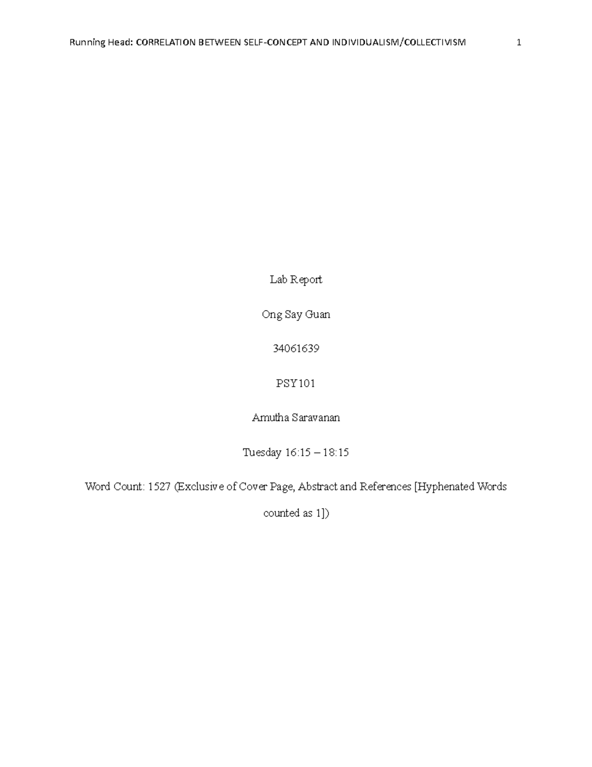 PSY101 Lab Report Ong S 34061639 - PSY101 - Murdoch - Studocu