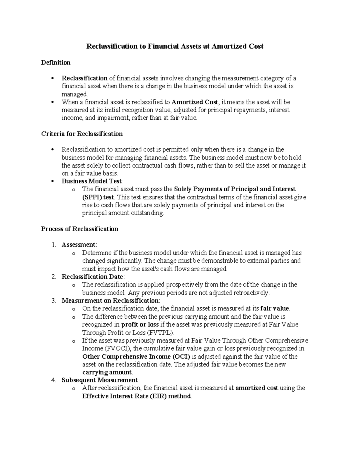 Reclassification to Financial Assets at Amortized Cost ...