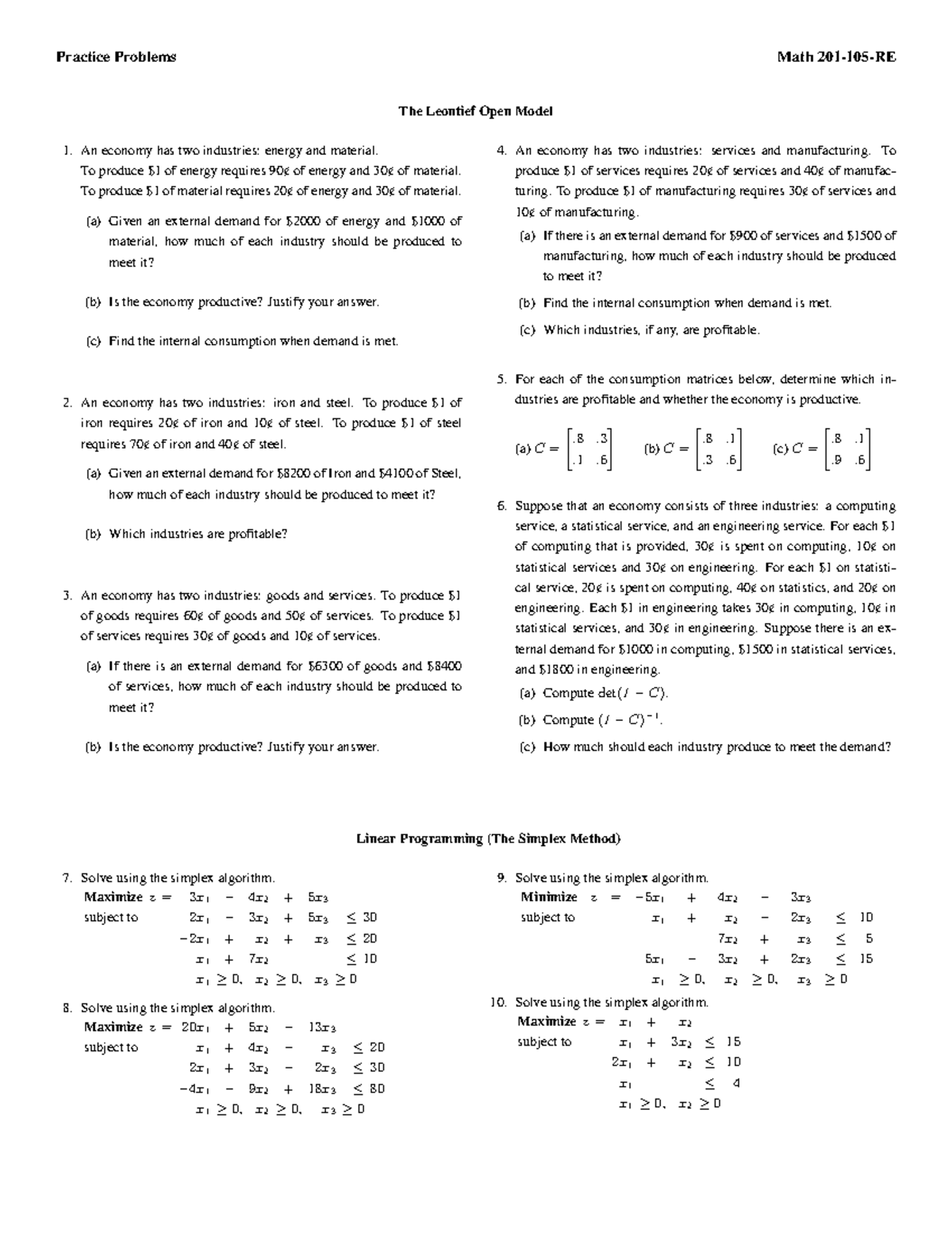 Leontief-open model ecercices - Practice Problems Math 201-105-RE The ...