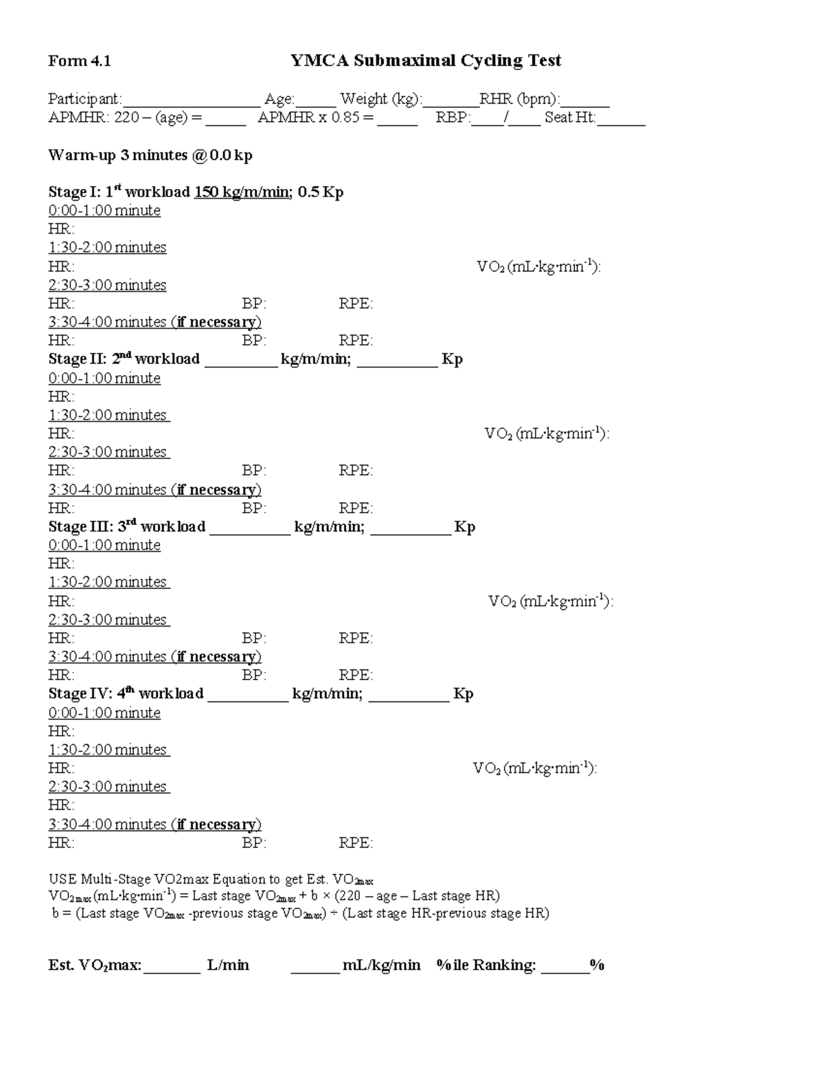 Form 4 - Form 4 - Form 4 YMCA Submaximal Cycling Test Participant ...