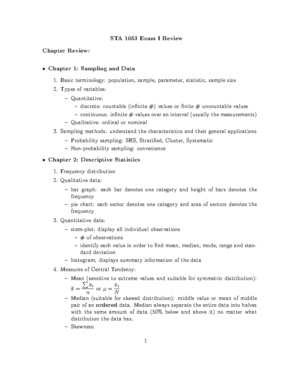 Exam I Review - STA 1053 Exam I Review Chapter Review: Chapter 1 ...
