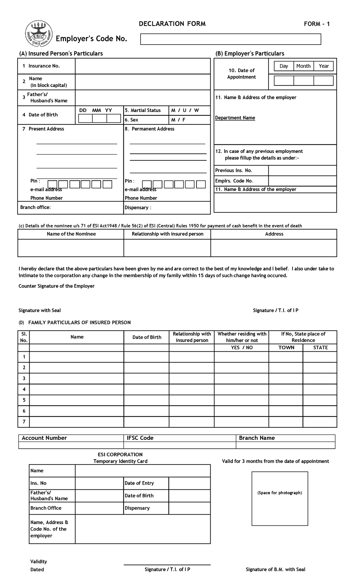 ESI Declaration FORM-1 - 1 Insurance No. 2 Name (in block capital) 3 ...