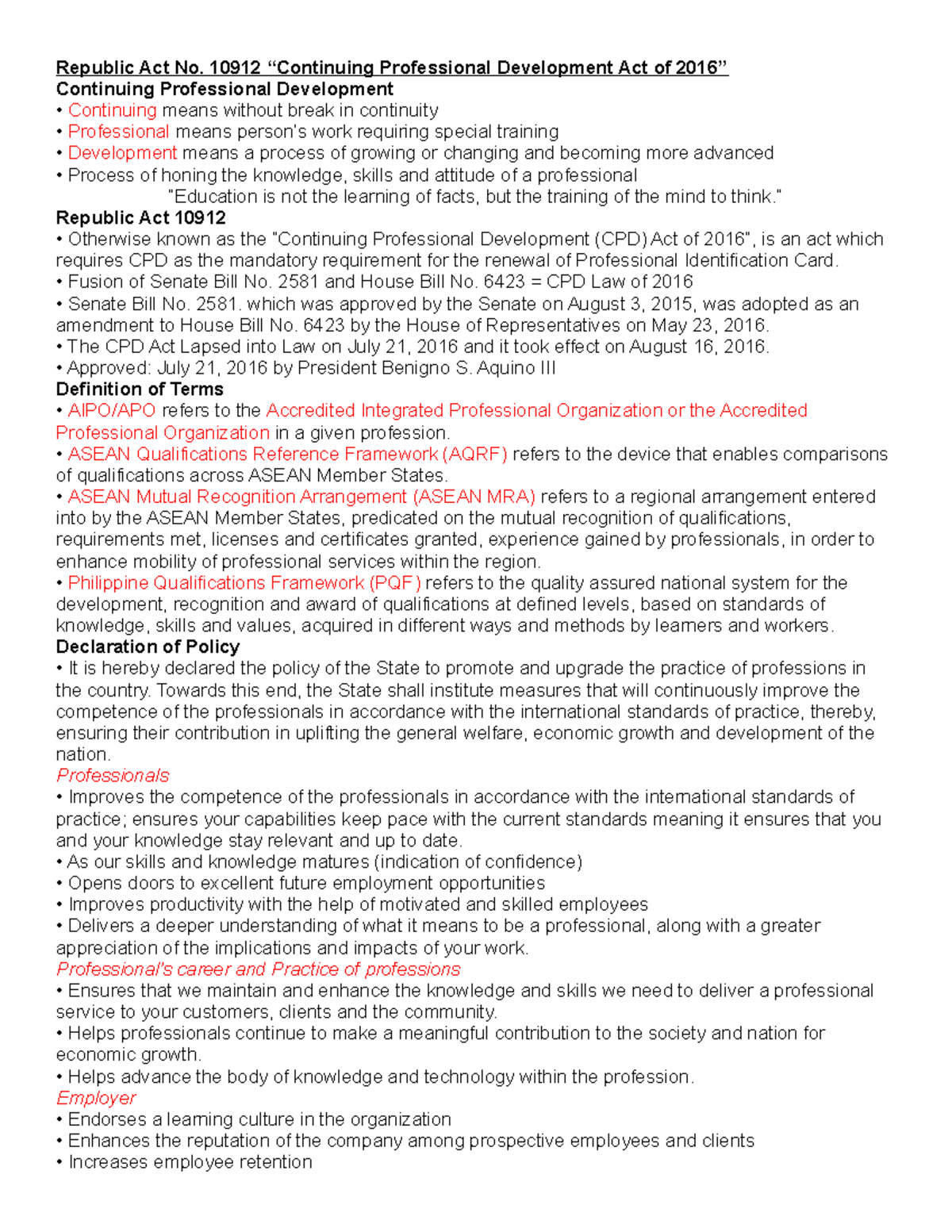 Cpd Law Lecture Notes 3 Republic Act No 10912 Continuing 