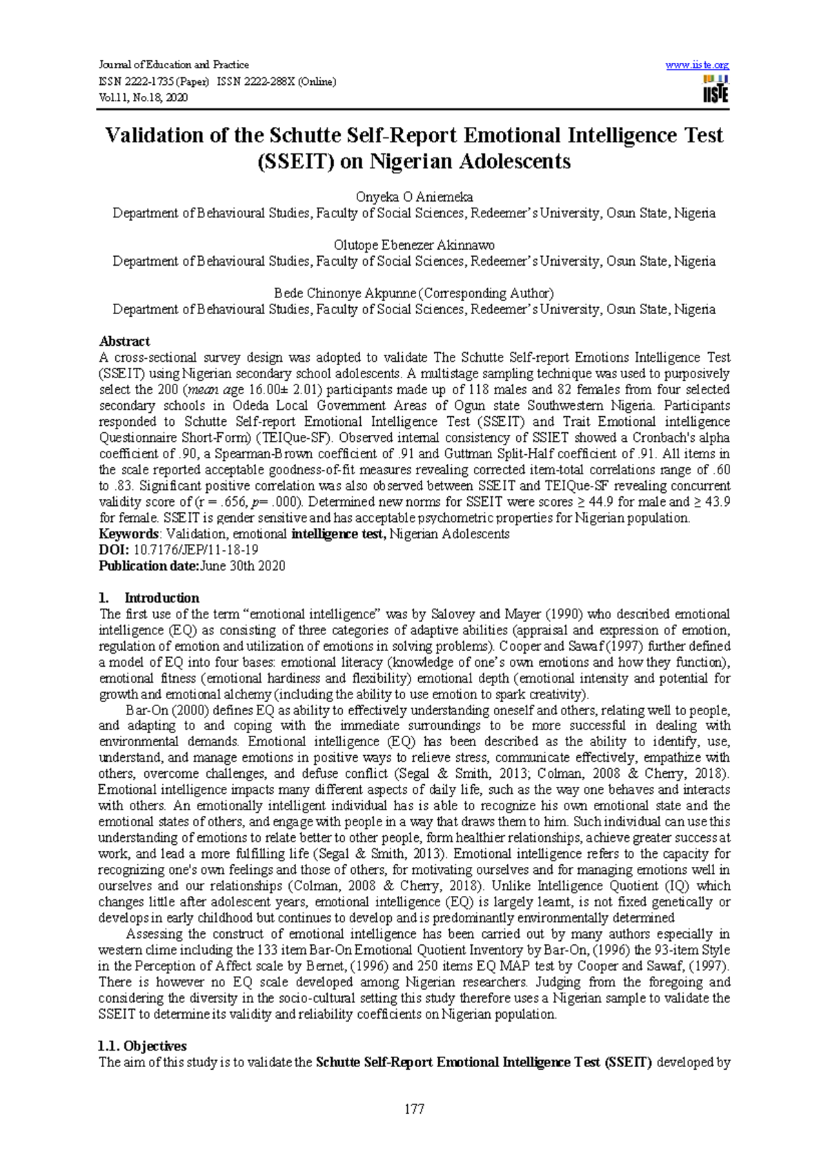 Validation of the Schutte Self-Report Emotional Intelligence Test - A ...