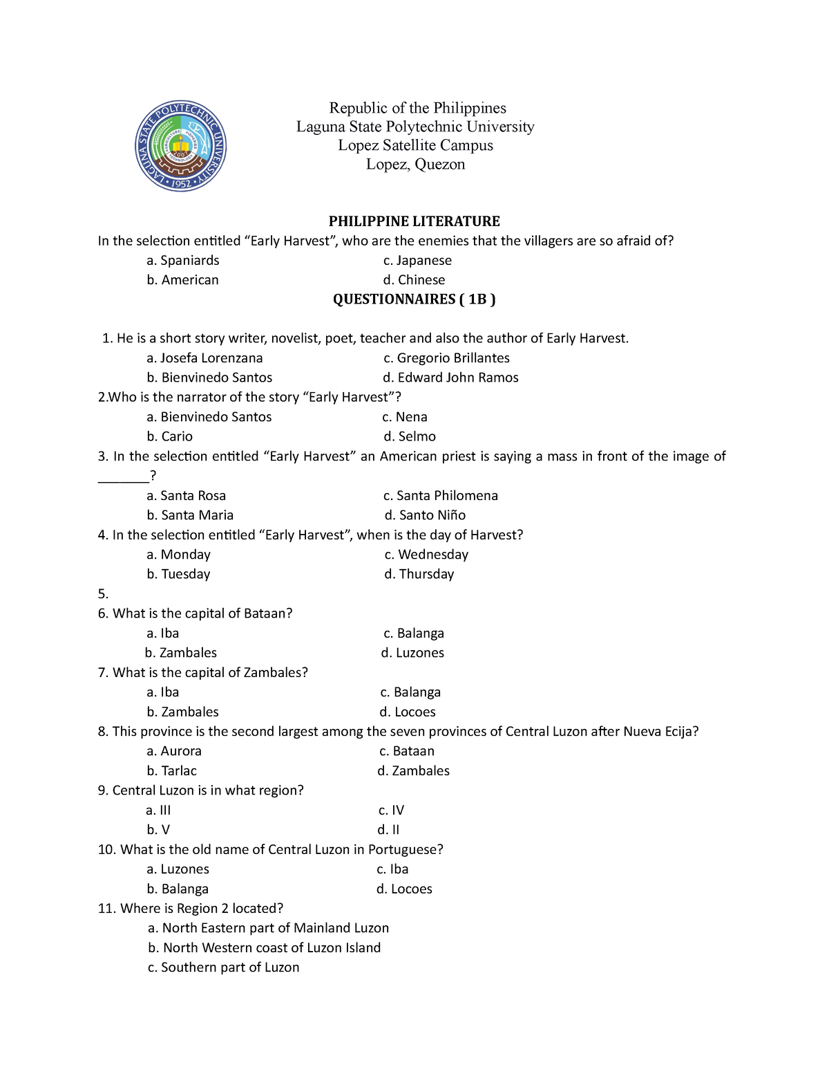 LIT 1 ( Questionnaires - 1B ) - Republic of the Philippines Laguna ...