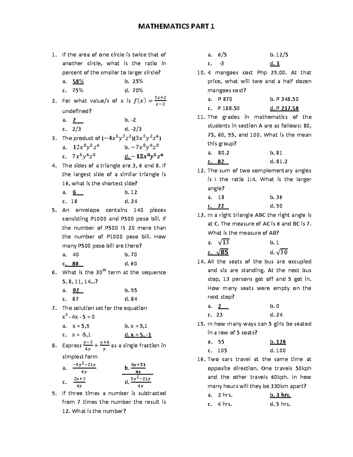 Mathematics WITH Solution - If the area of one circle is twice that of ...