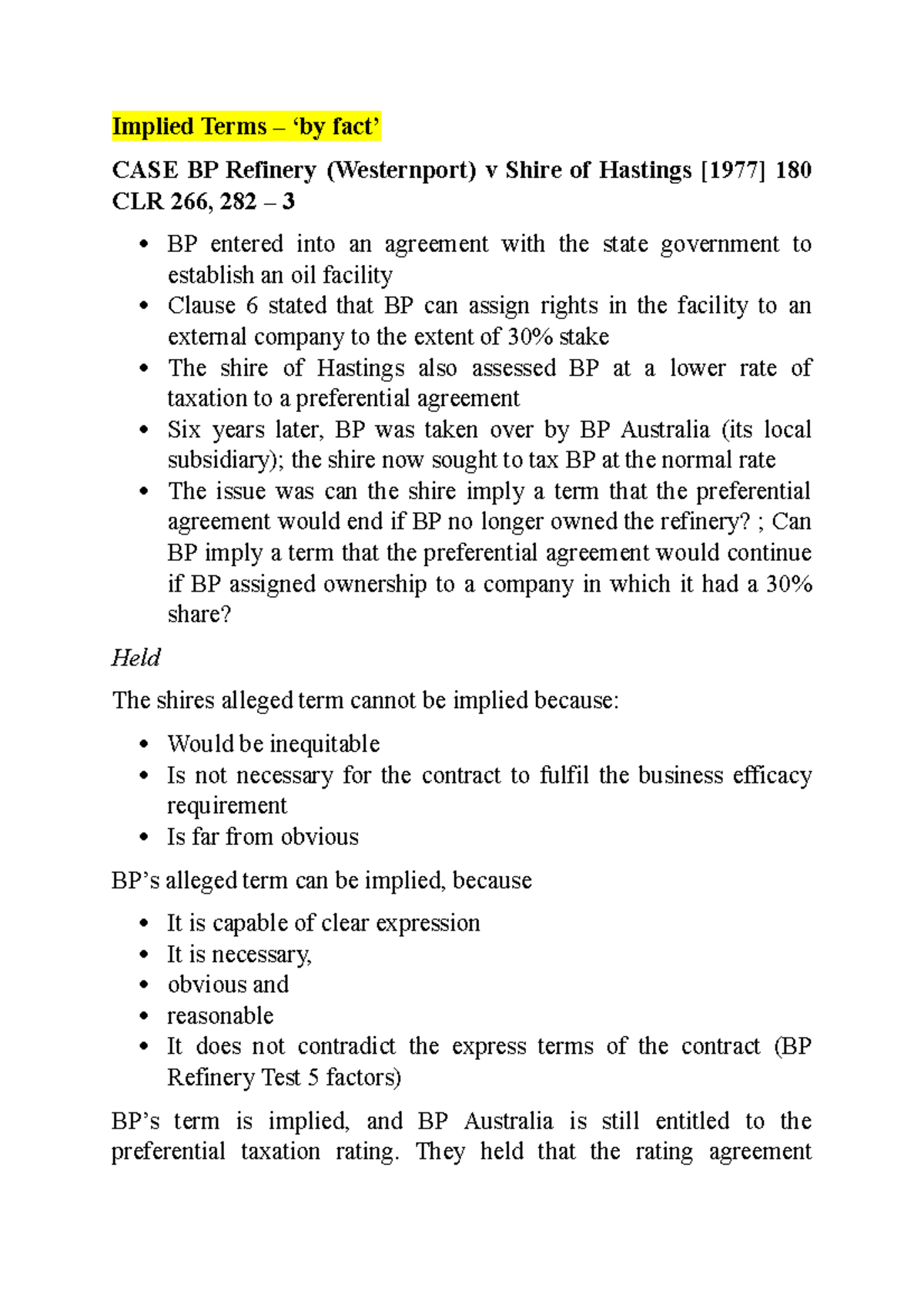 Implied Terms - facts (contract law) - Implied Terms - 'by fact' CASE ...
