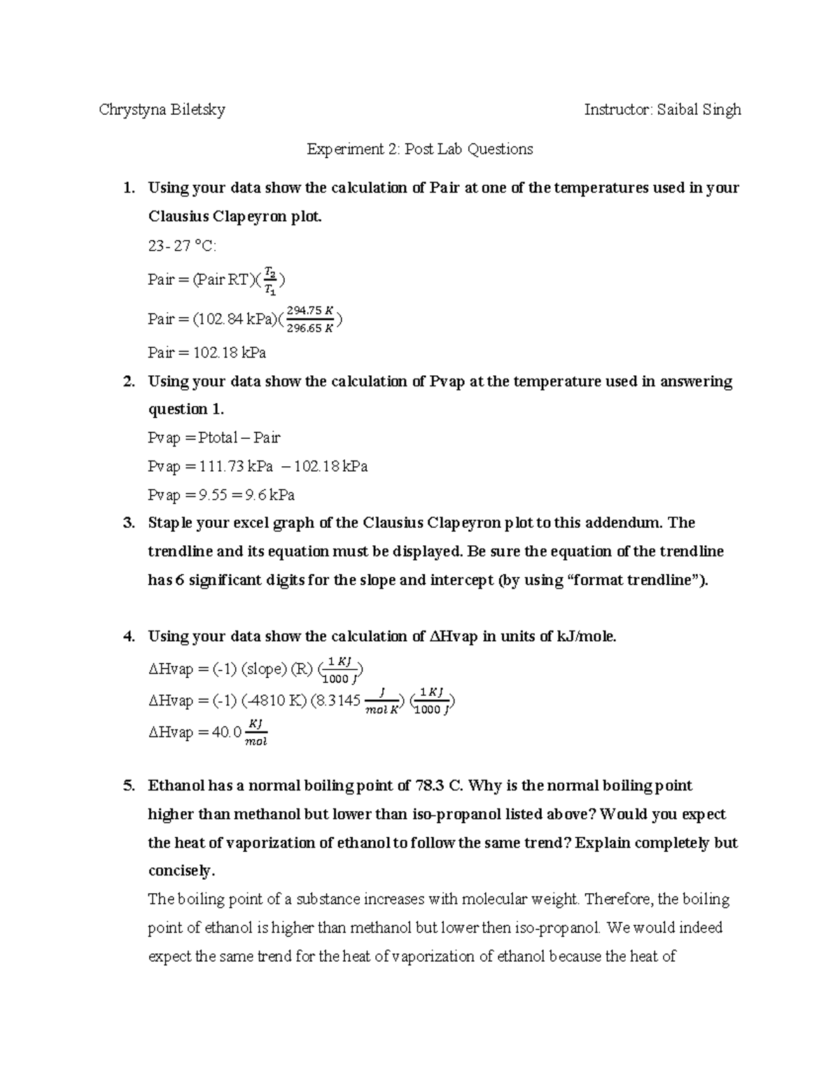 Experiment 2- Post Lab Questions - Chrystyna Biletsky Instructor 