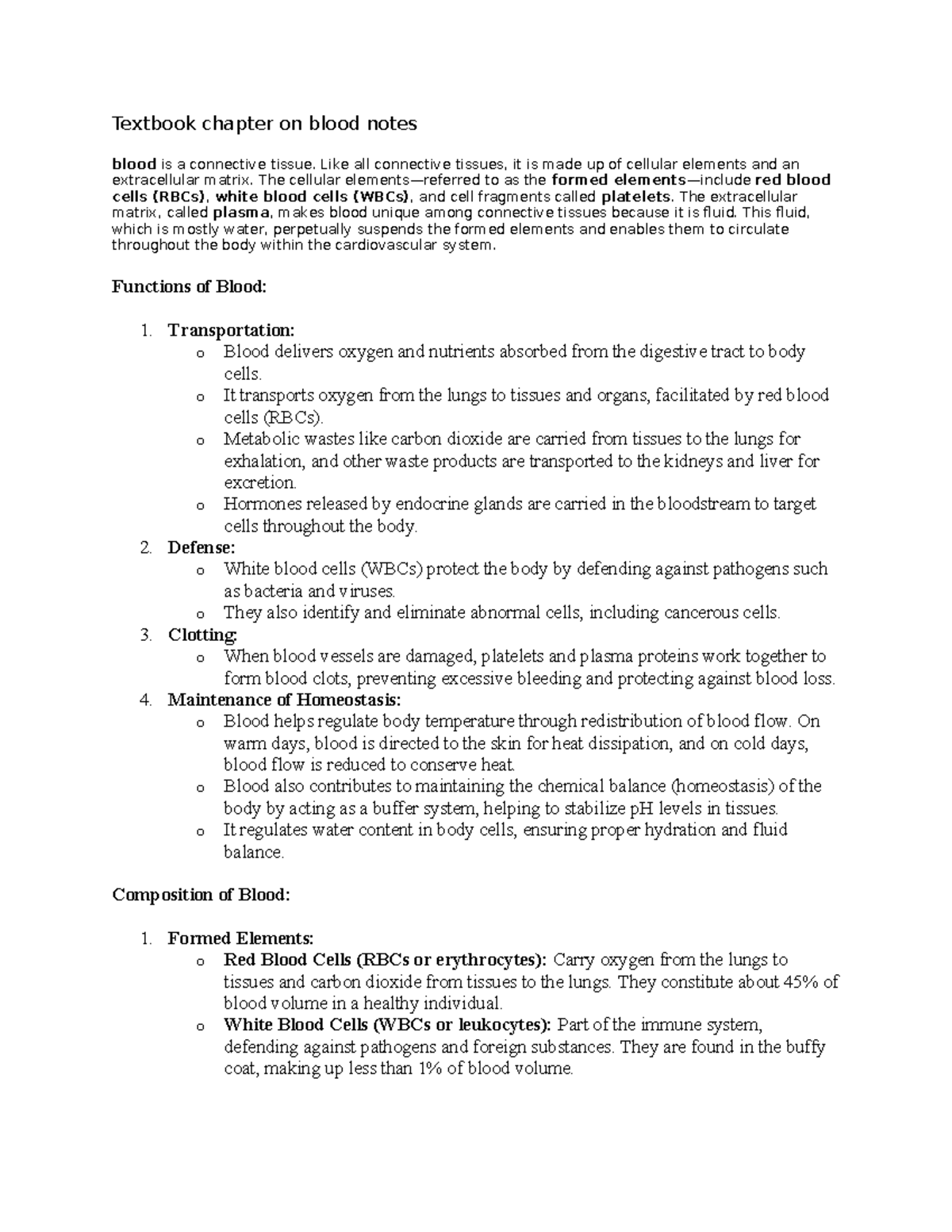 cardiovascular system- blood - Textbook chapter on blood notes blood is ...