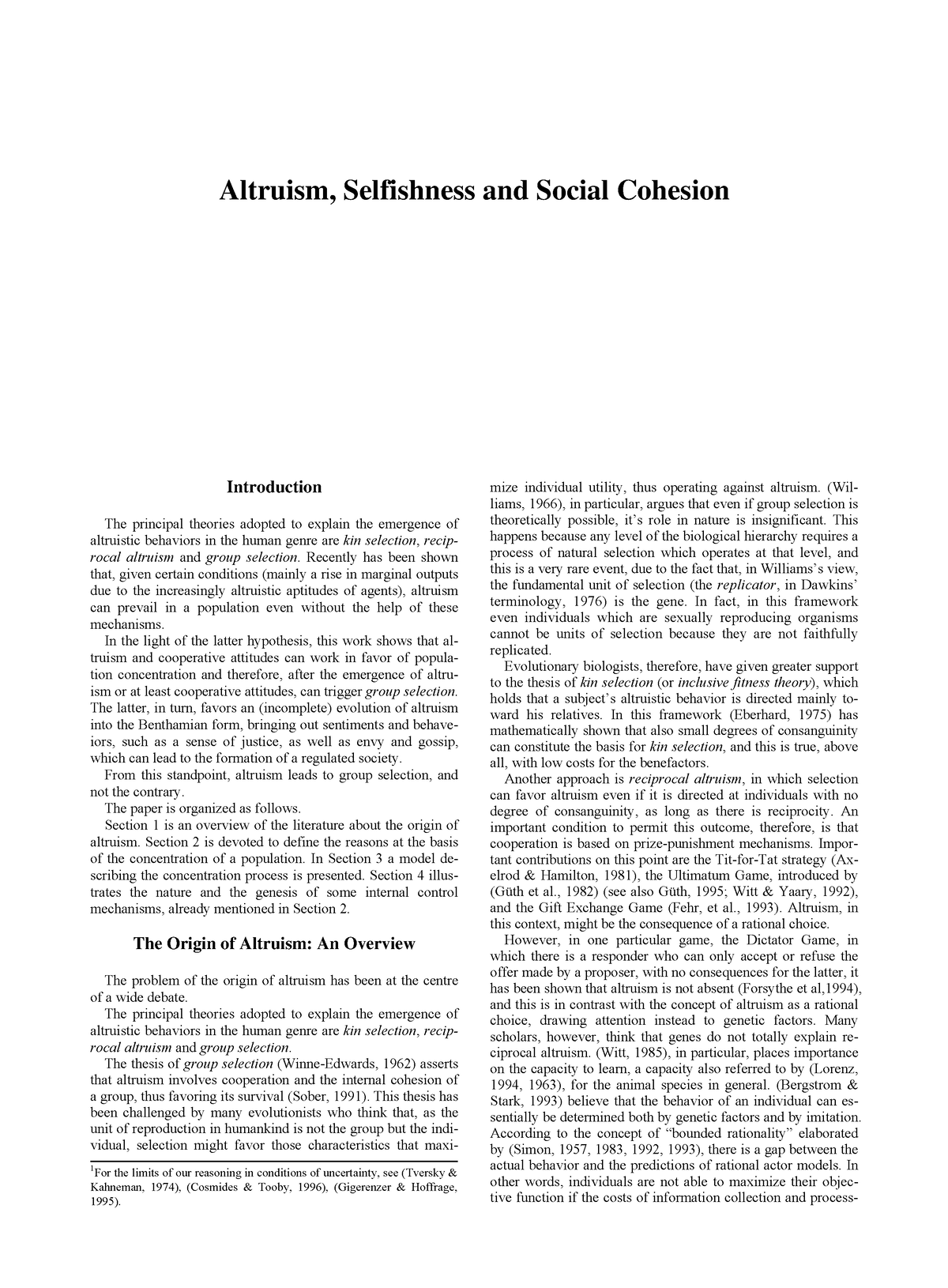 Altruism, Selfishness And Social Cohesion - Altruism, Selfishness And ...