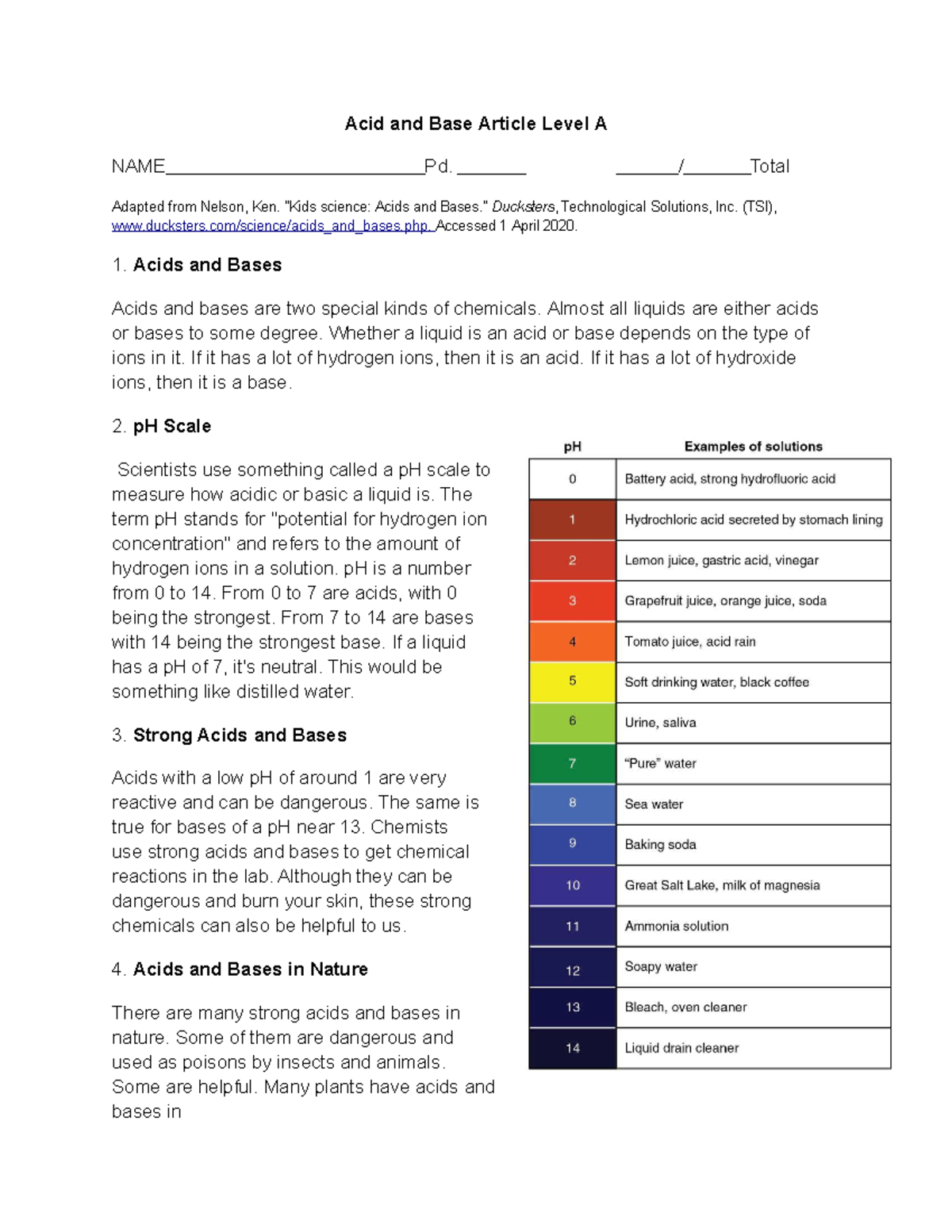 Acid and Base Article / Total Adapted from Nelson, Ken. "Kids science