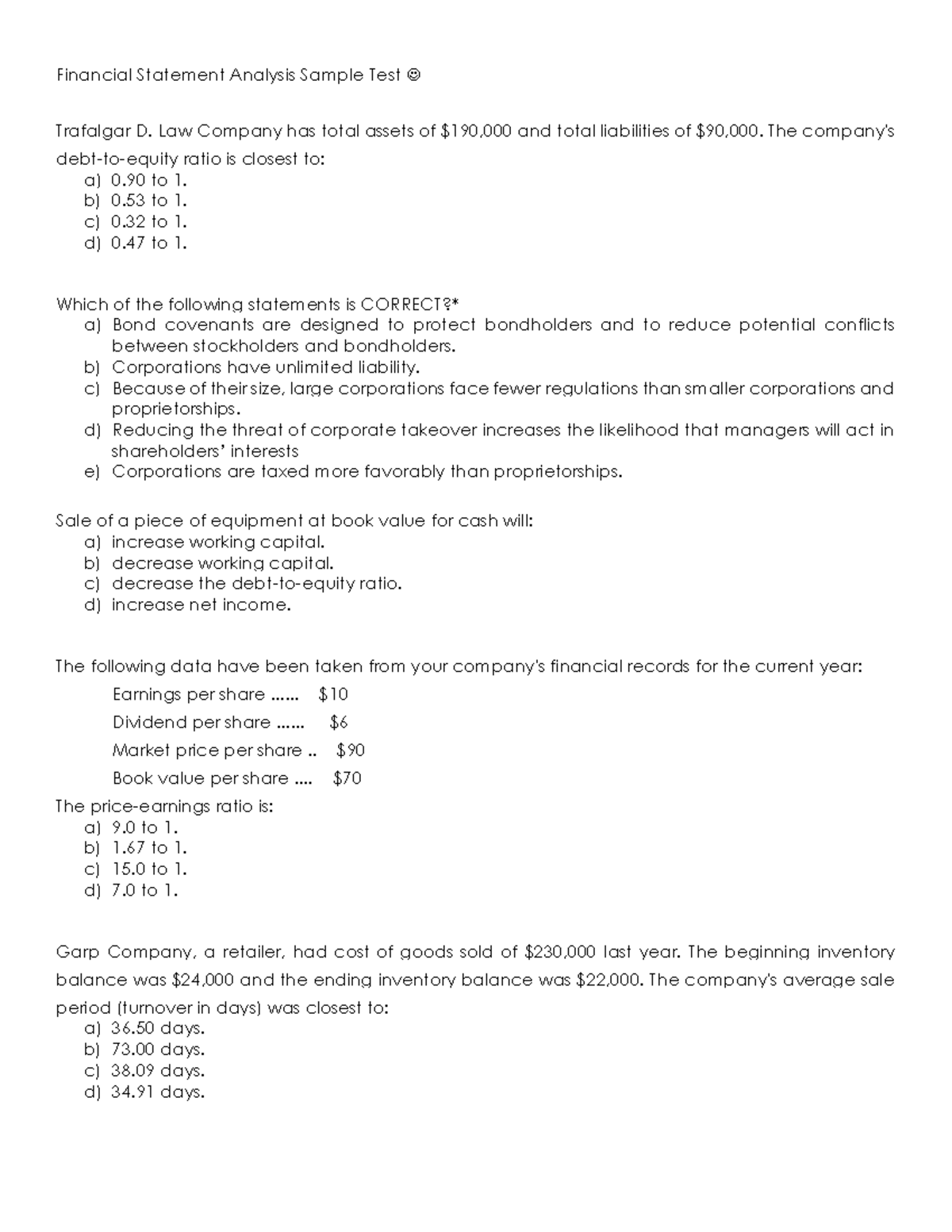 Financial Statement Analysis Sample Test - Law Company has total assets ...