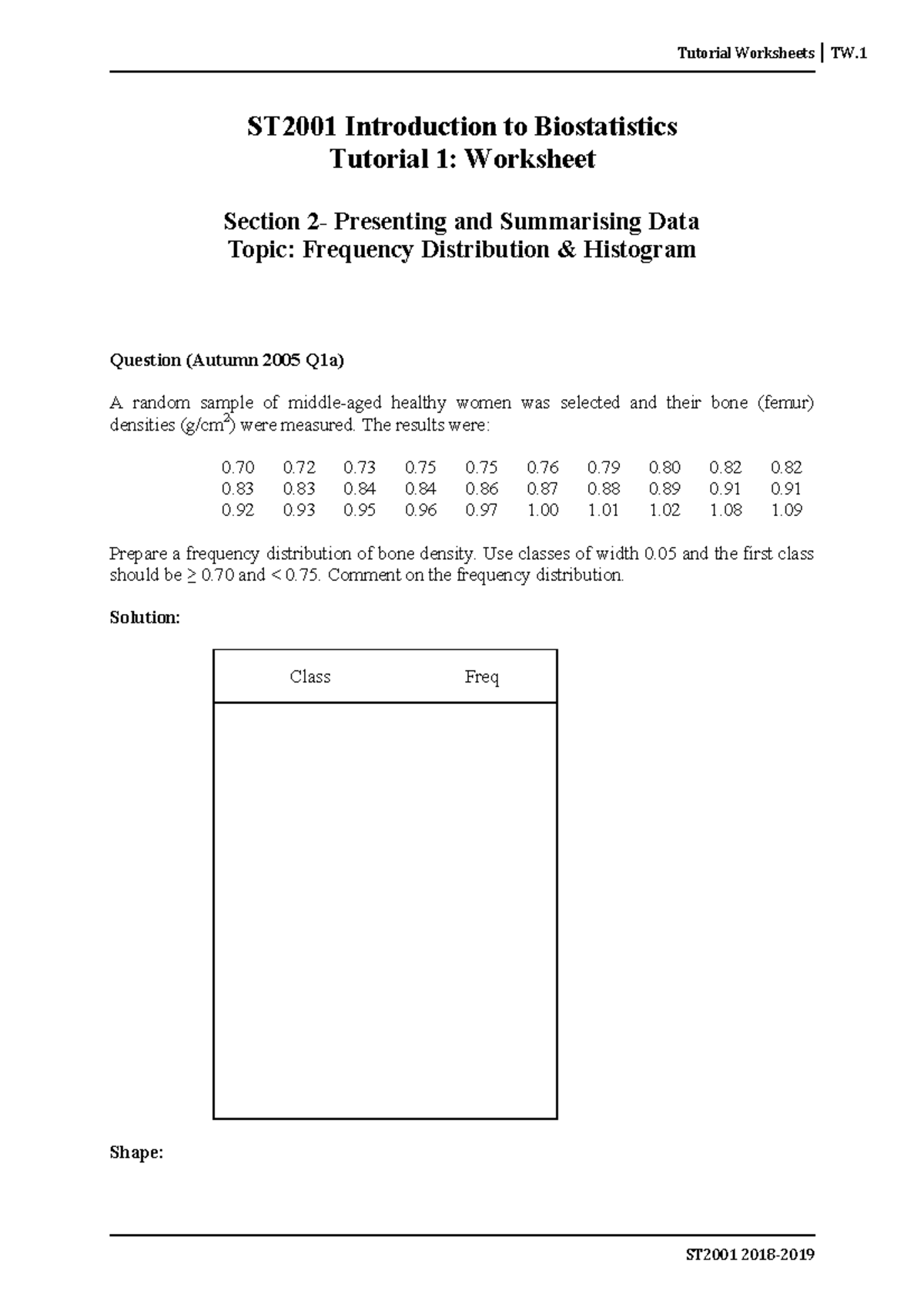 ST2001 Tutorials 2019-2020 - Tutorial Worksheets TW. ST2001 ...