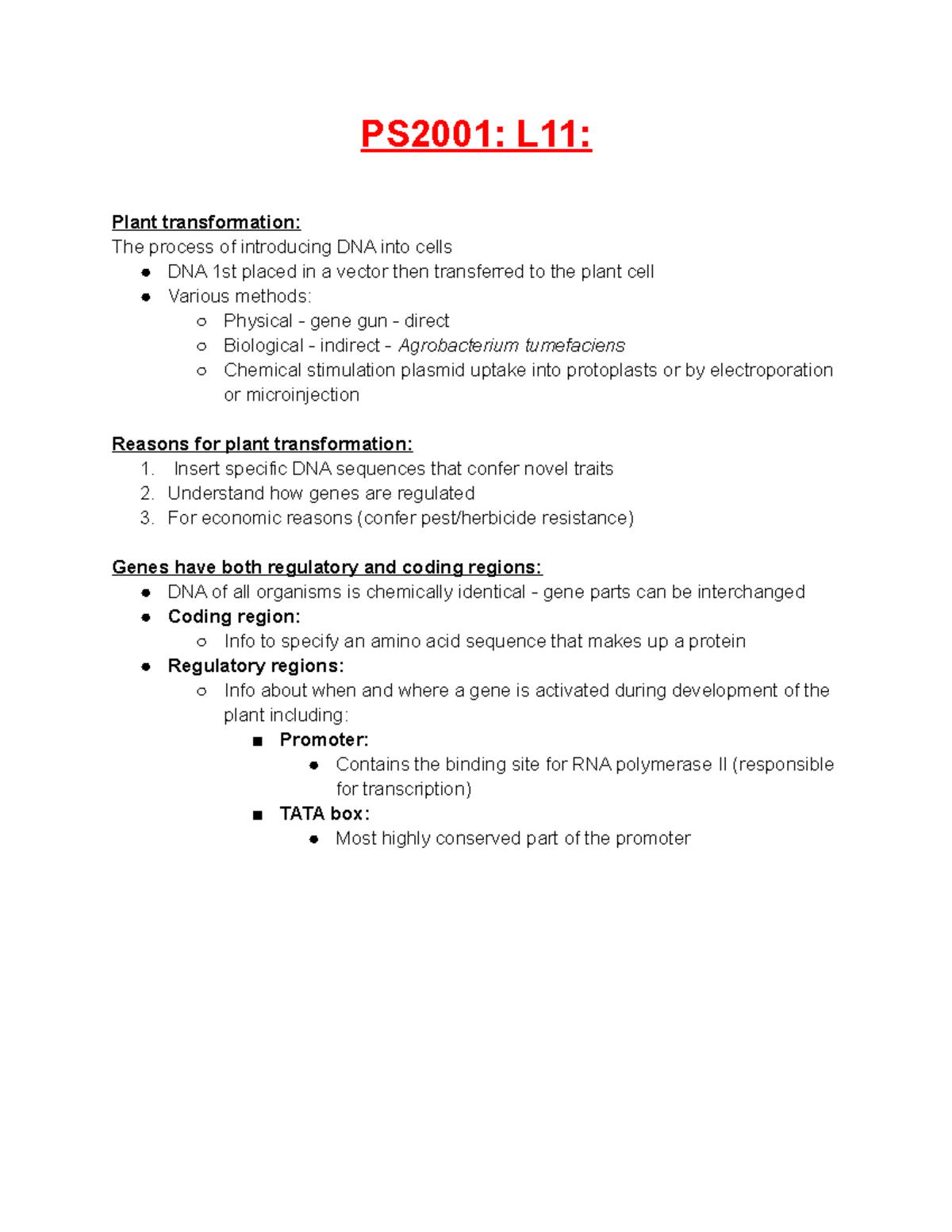 PS2001 L11 lecture notes PS2001 L11 Plant transformation The
