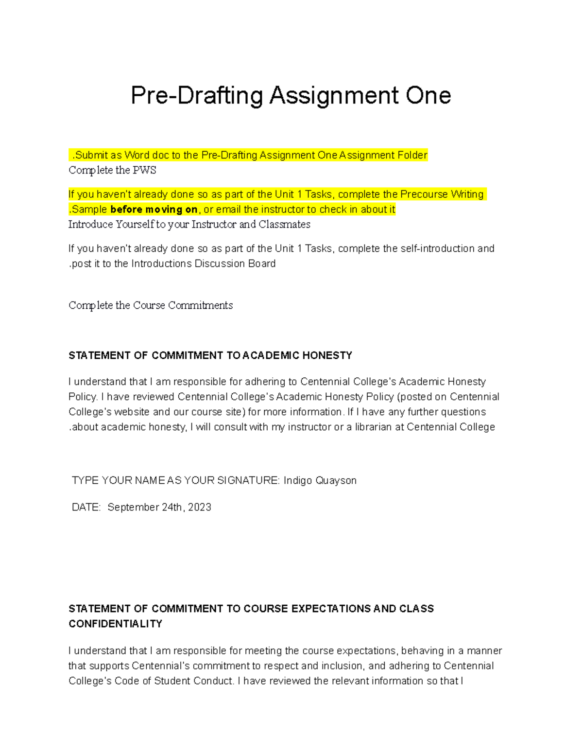 Pre-Drafting Assignment Sun Sept 24, 2023 - Pre-Drafting Assignment One ...