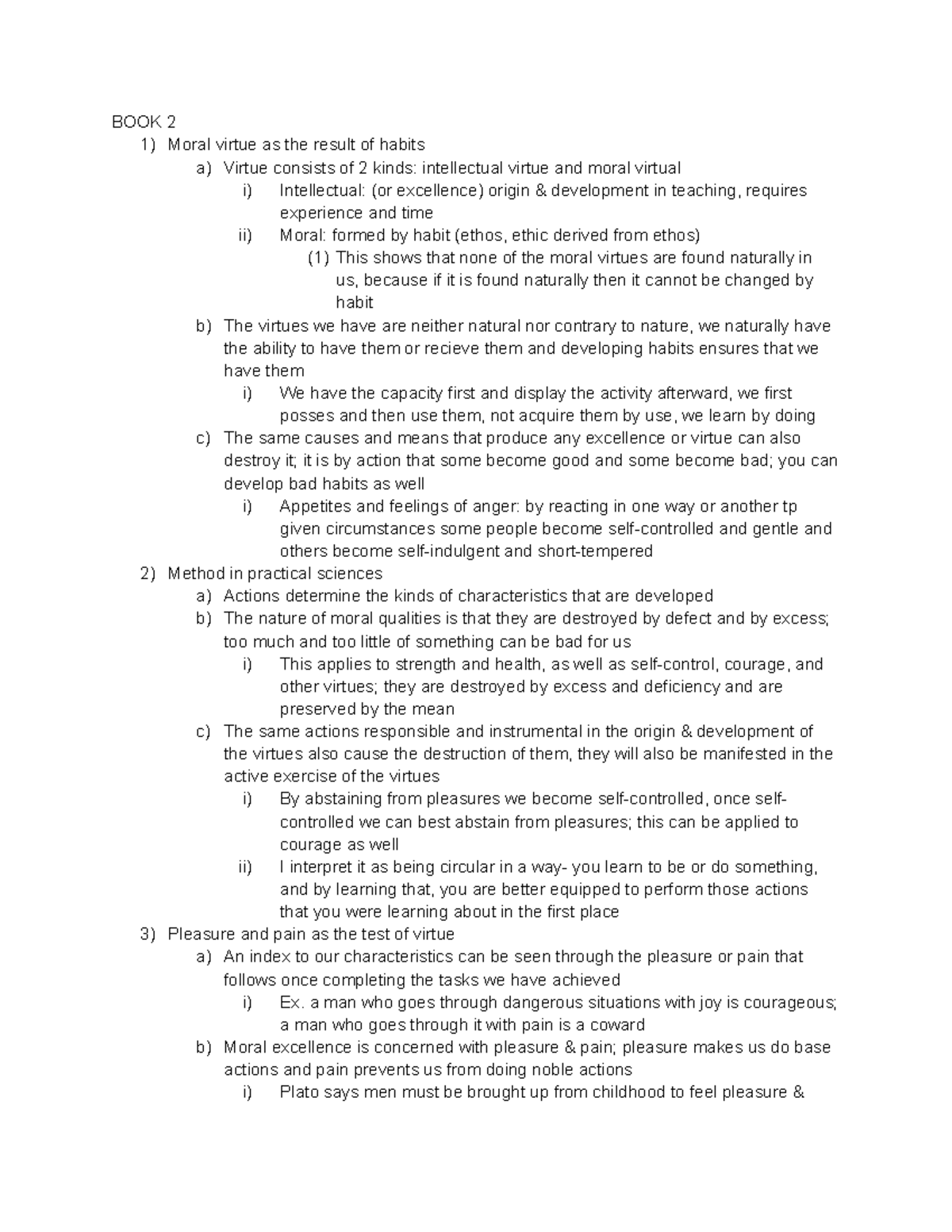 Aristotle Book 2 Reading Notes - BOOK 2 Moral virtue as the result of ...