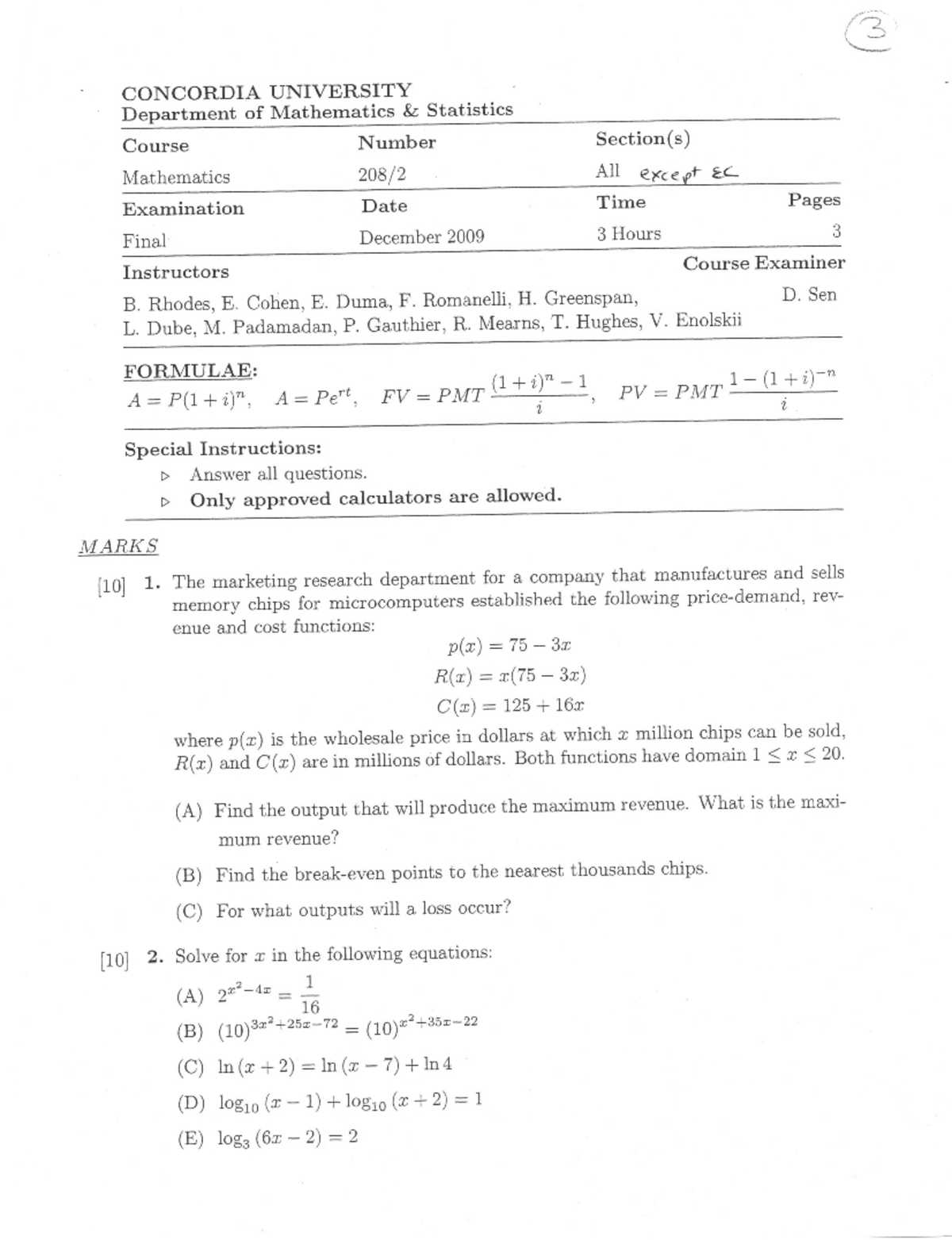 Final Exam December 2009 - MATH 208 - Studocu