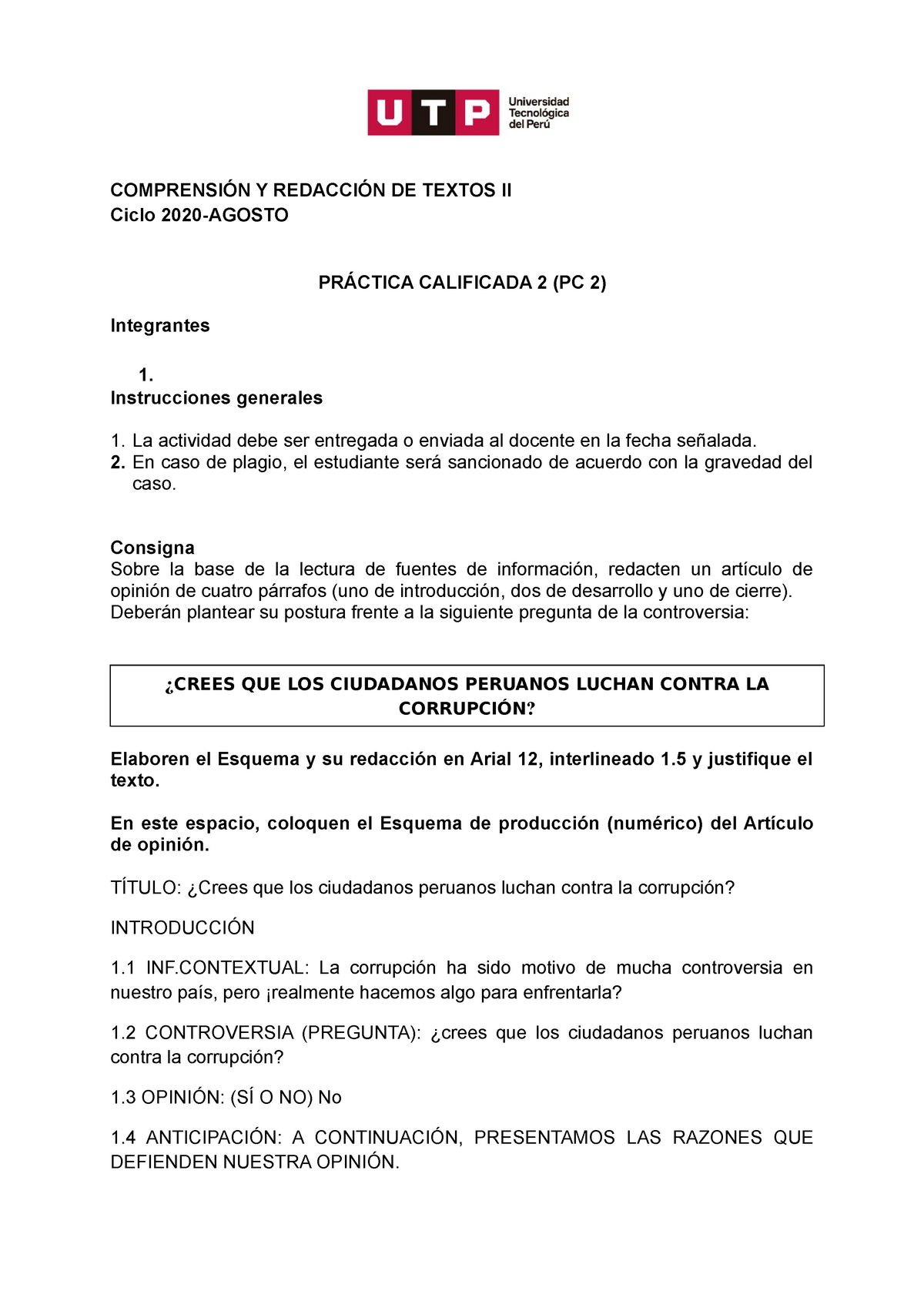 Utp S15s2 Comprensión Y Redacción 2 Práctica Calificada 2 Pc 2 ComprensiÓn Y RedacciÓn De 5606