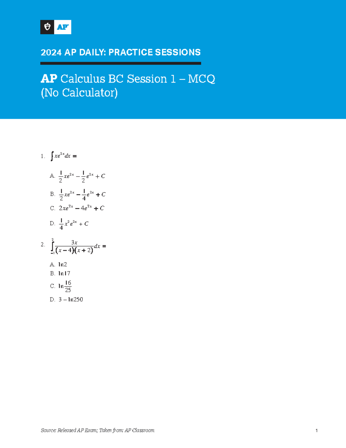 AP Calc BC Calculator Inactive MCQ Practice 2024 AP DAILY PRACTICE